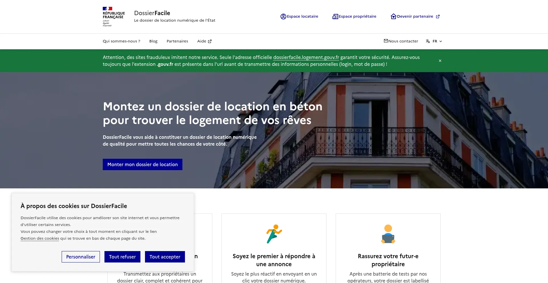 Website screenshot of Dossierfacile.logement.gouv.fr