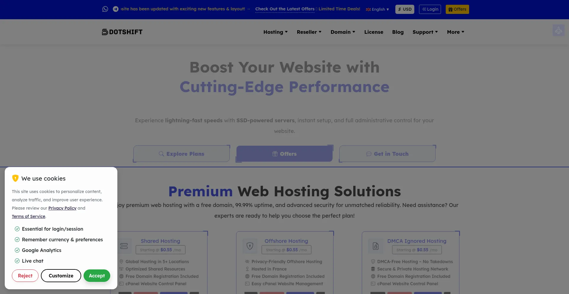 Website screenshot of Dotshift.net