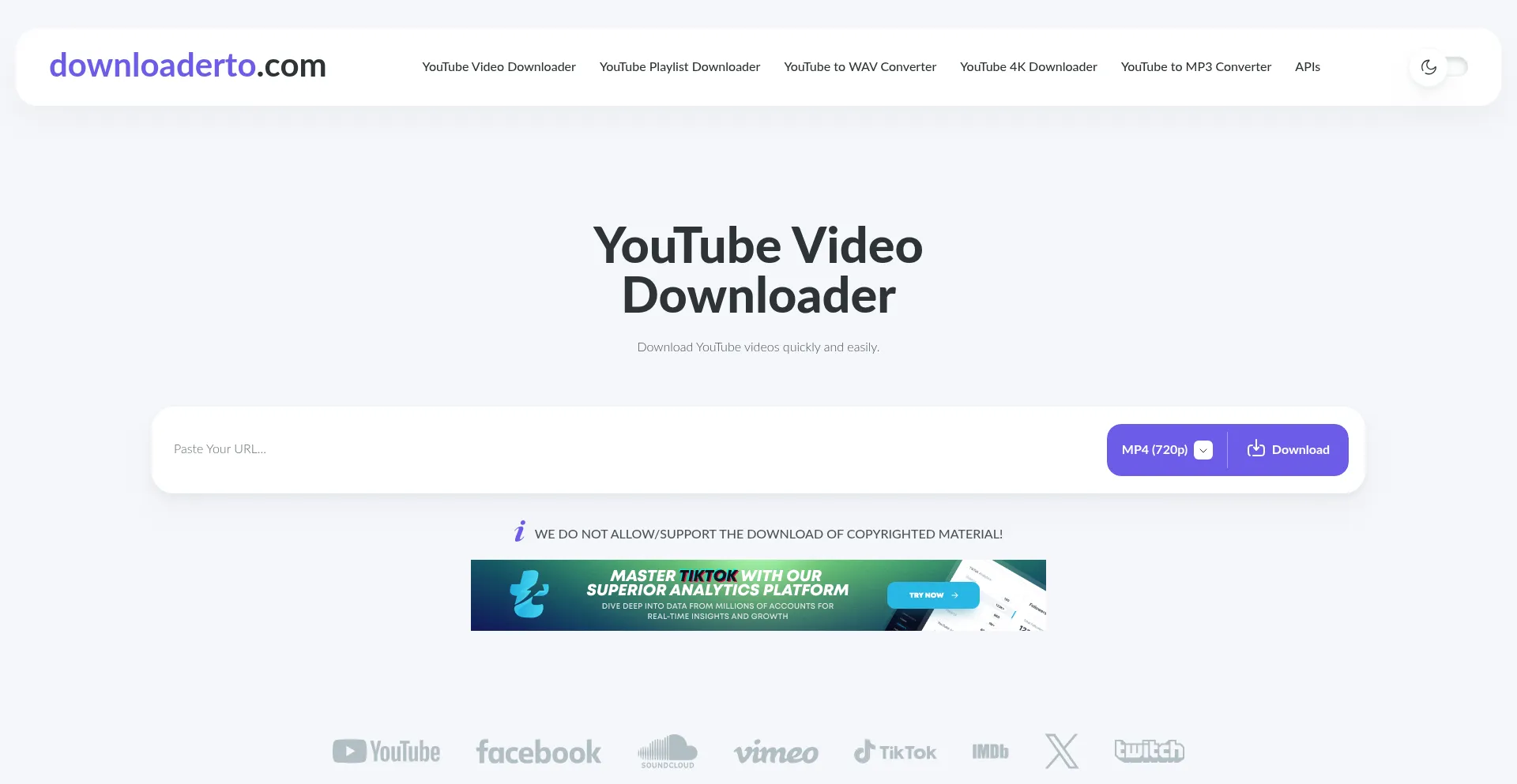 Website screenshot of Downloaderto.com
