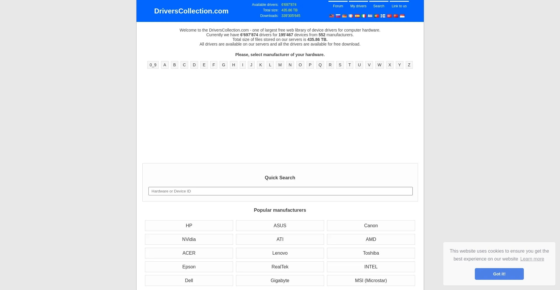 Website screenshot of Driverscollection.com