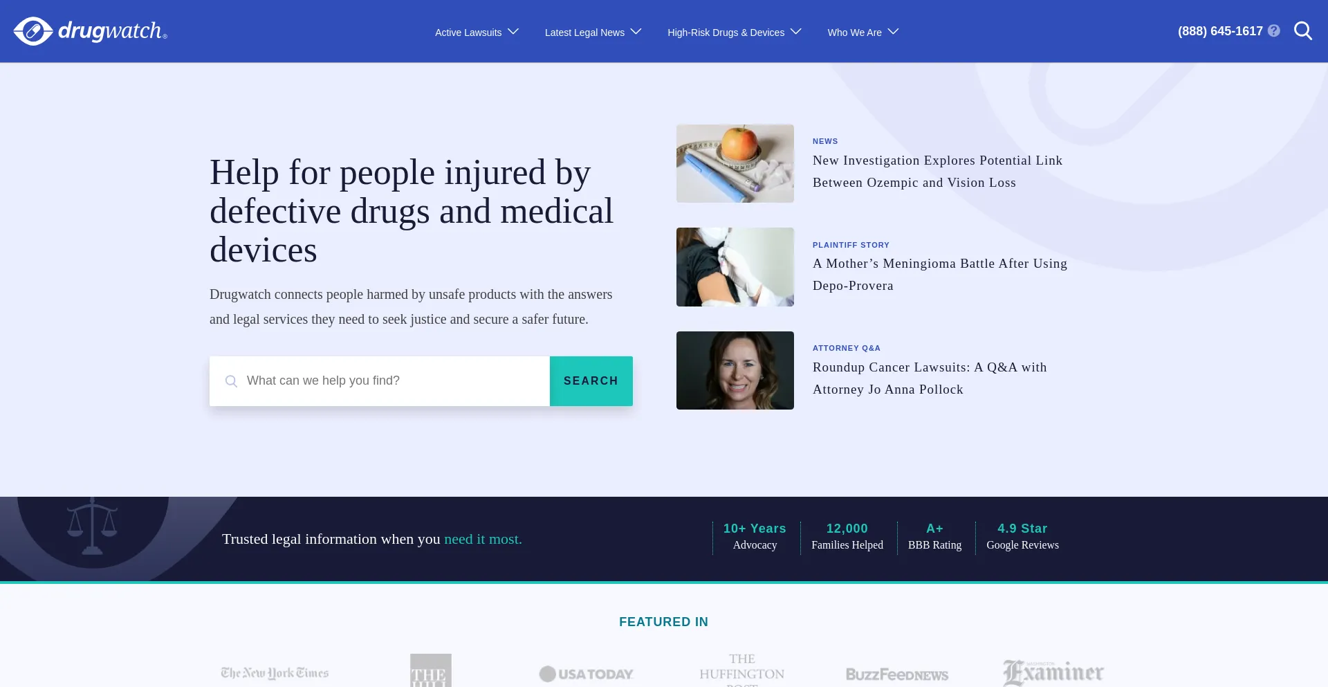 Website screenshot of Drugwatch.com