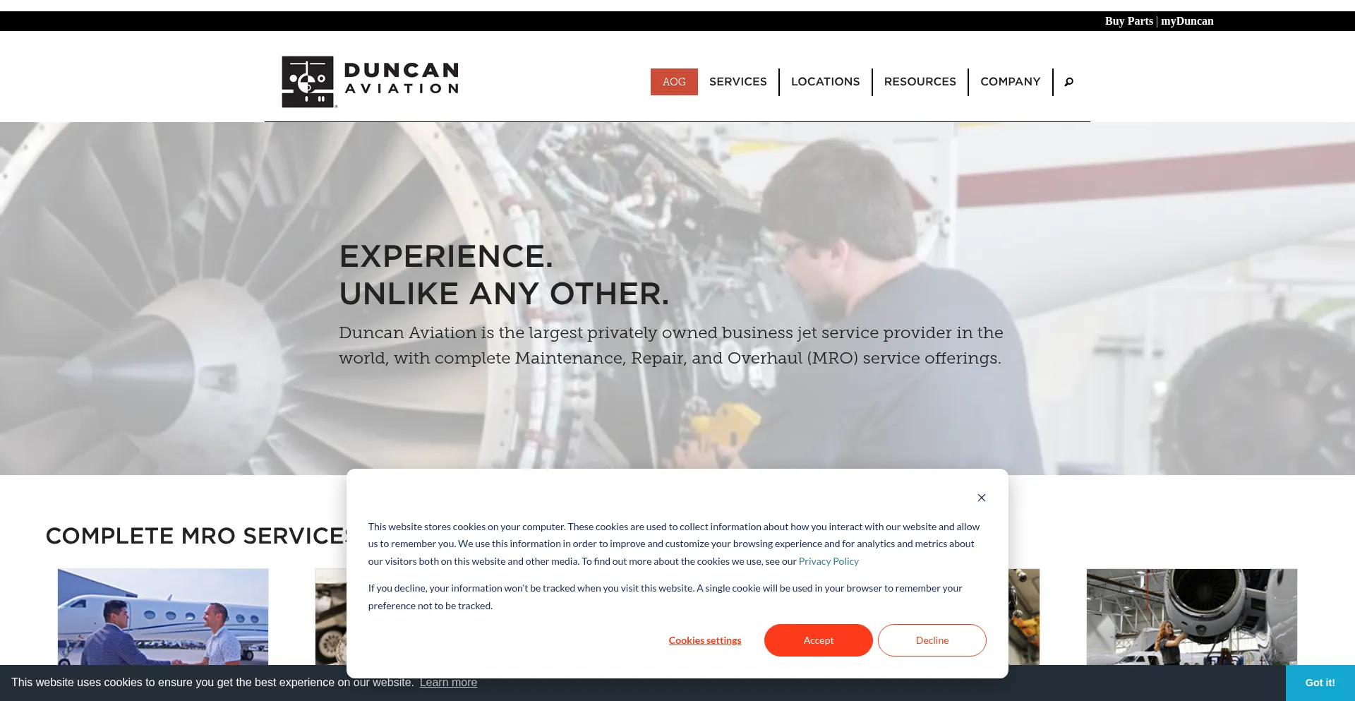 Website screenshot of Duncanaviation.aero