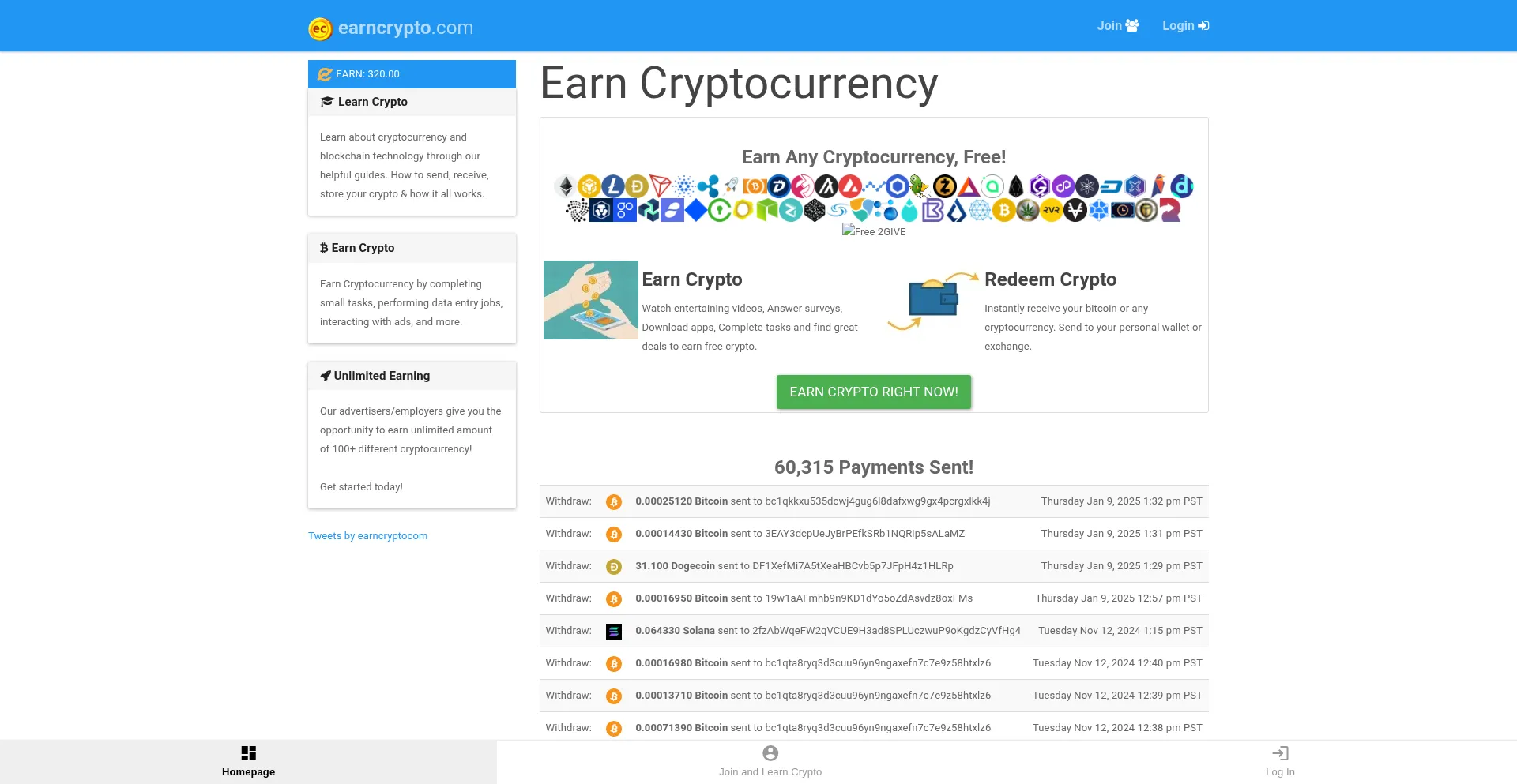 Website screenshot of Earncrypto.com