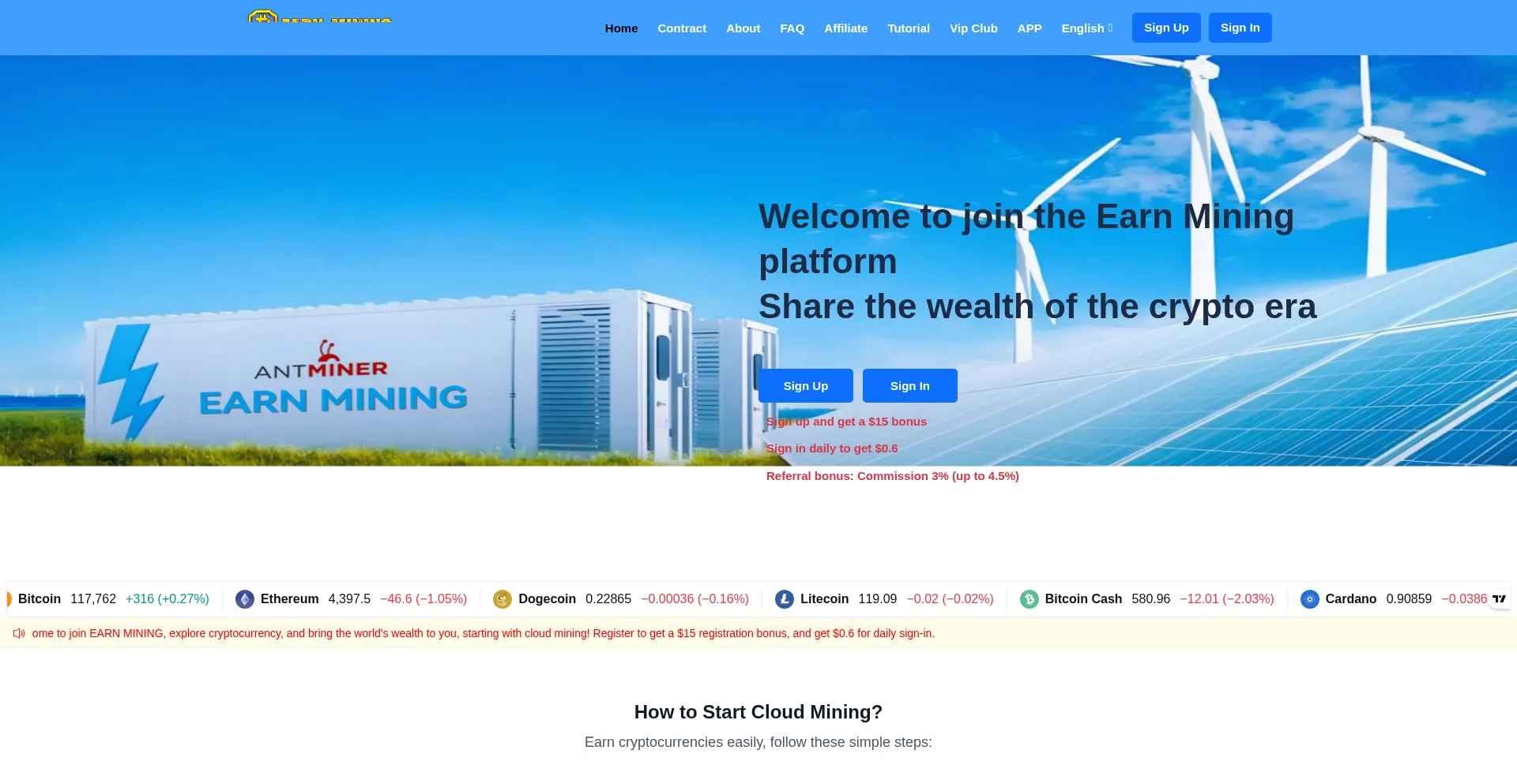 Website screenshot of Earnminer.com