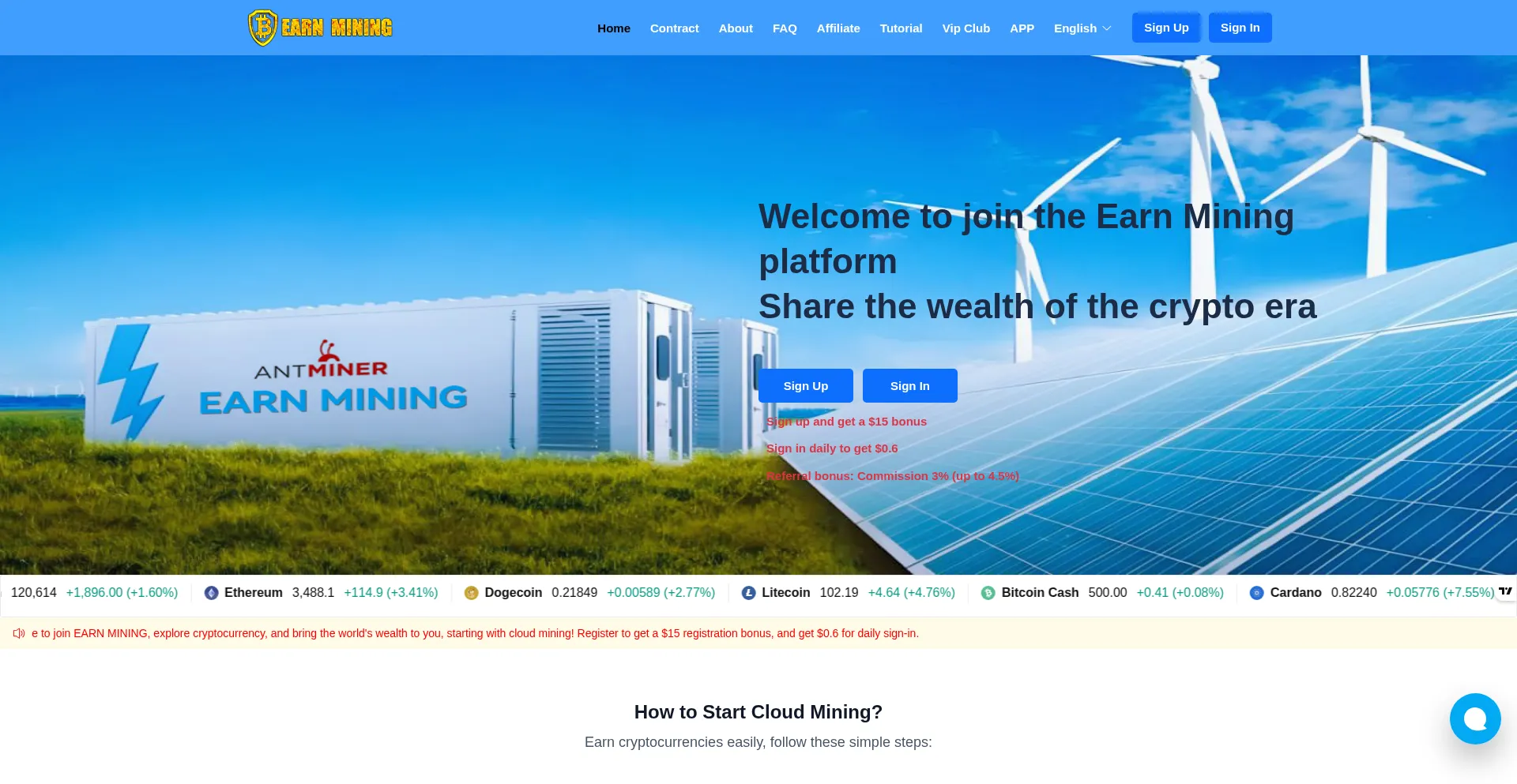 Website screenshot of Earnmining.vip