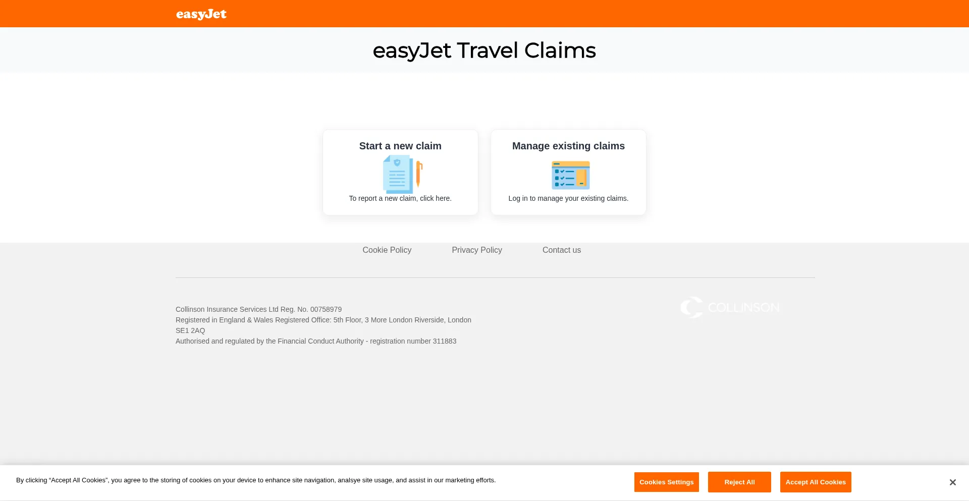 Website screenshot of Easyjet.collinsoninsurance.com