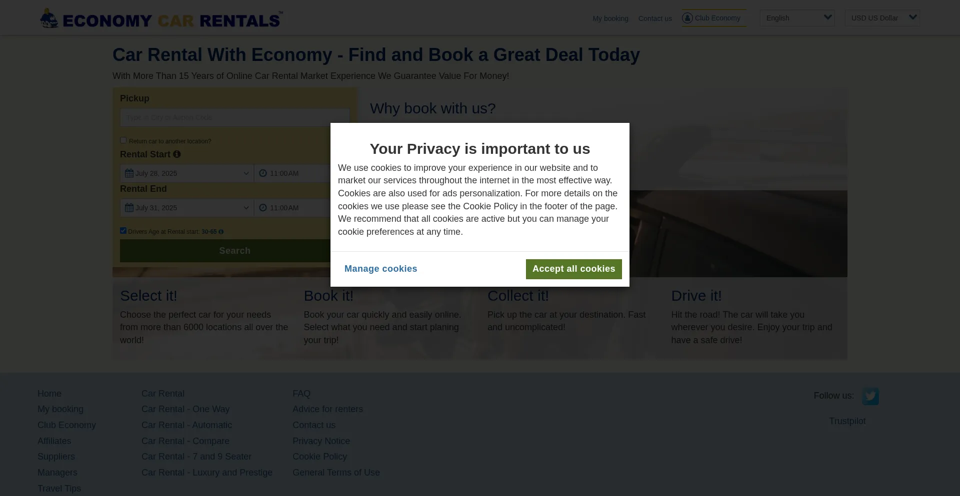 Website screenshot of Economycarrentals.com