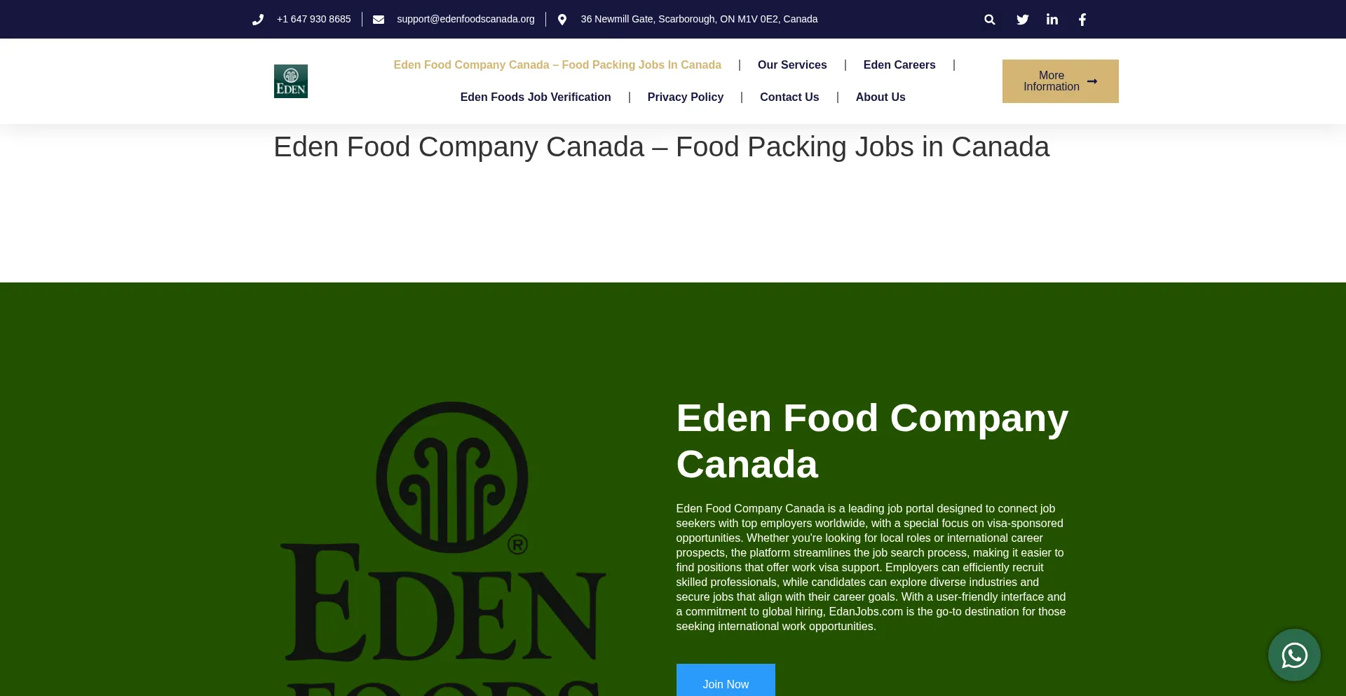 Website screenshot of Edenfoodscanada.org