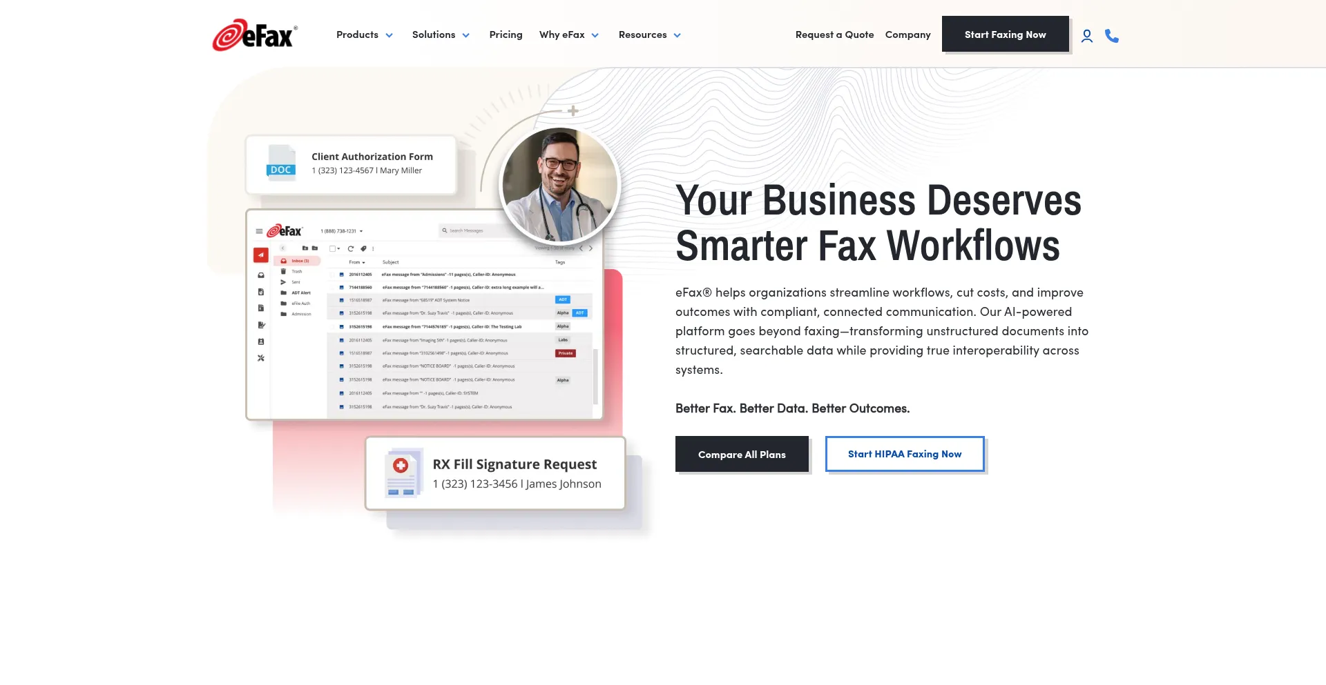 Website screenshot of Efax.com