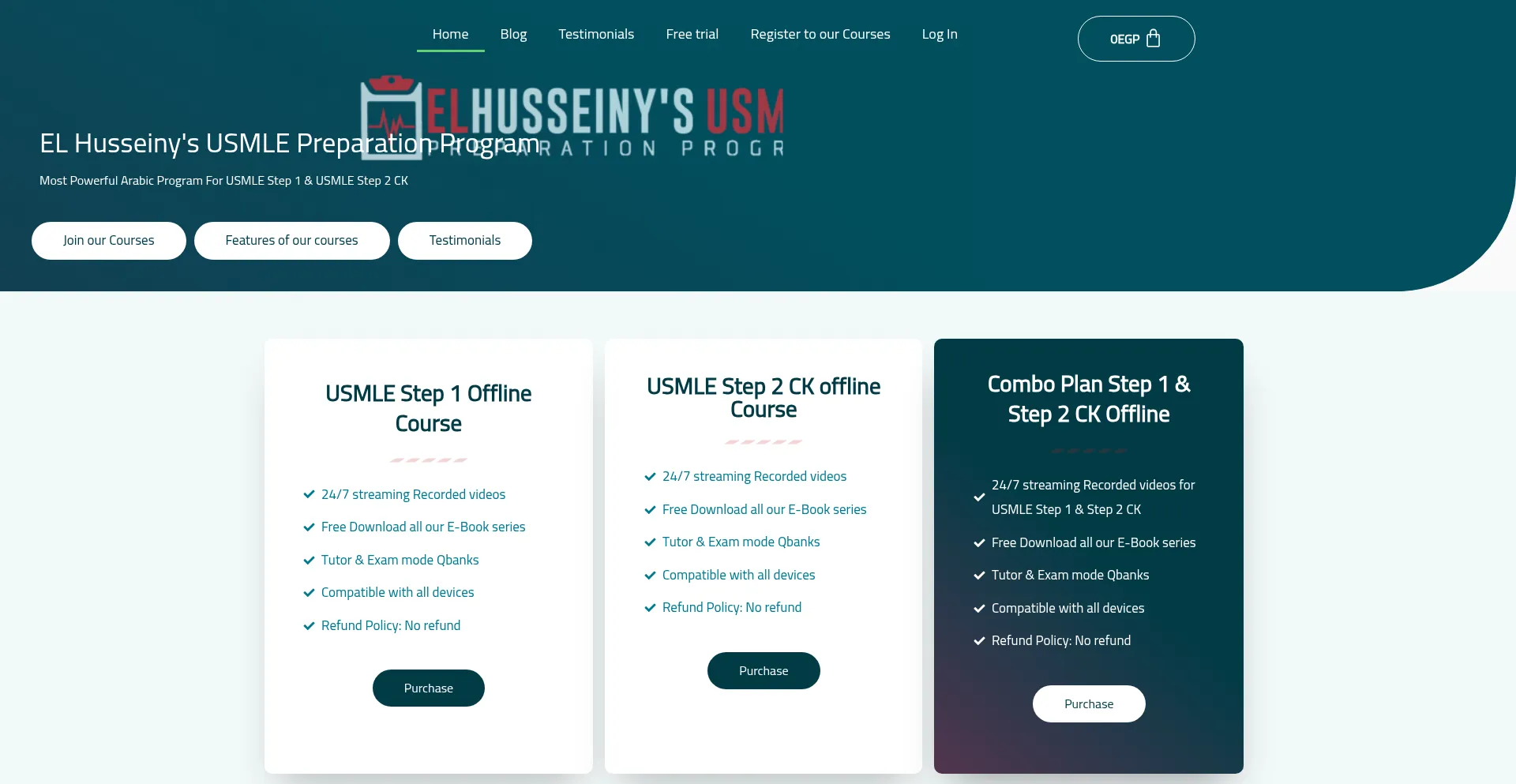 Website screenshot of Elhusseinyusmleprep.com