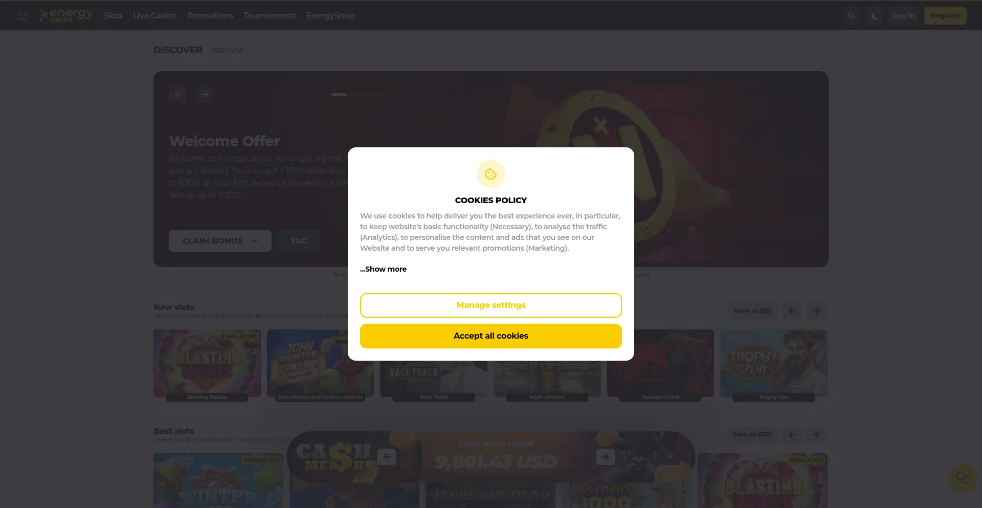 Website screenshot of Energycasino.com