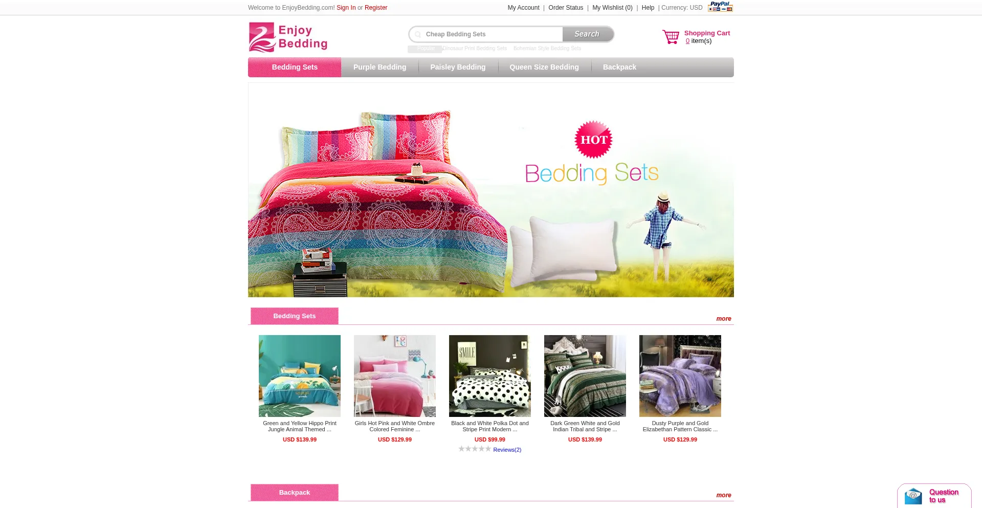 Website screenshot of Enjoybedding.com
