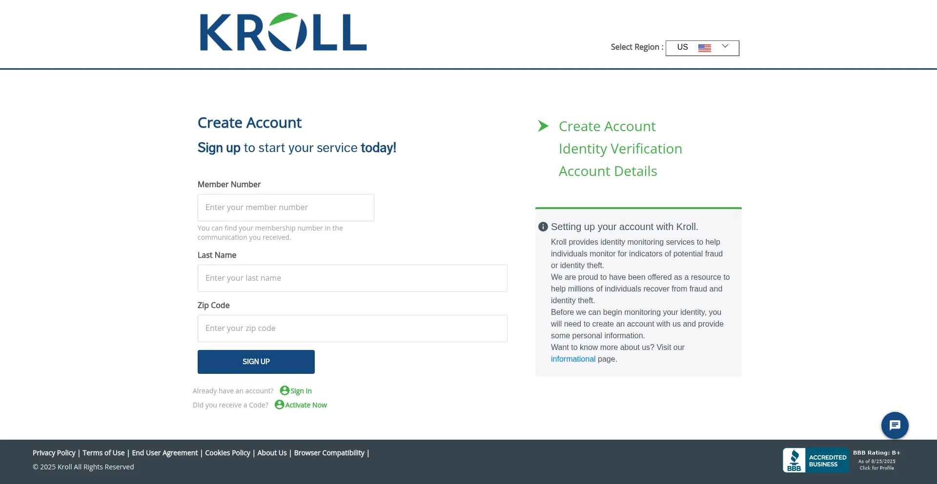 Website screenshot of Enroll.krollmonitoring.com