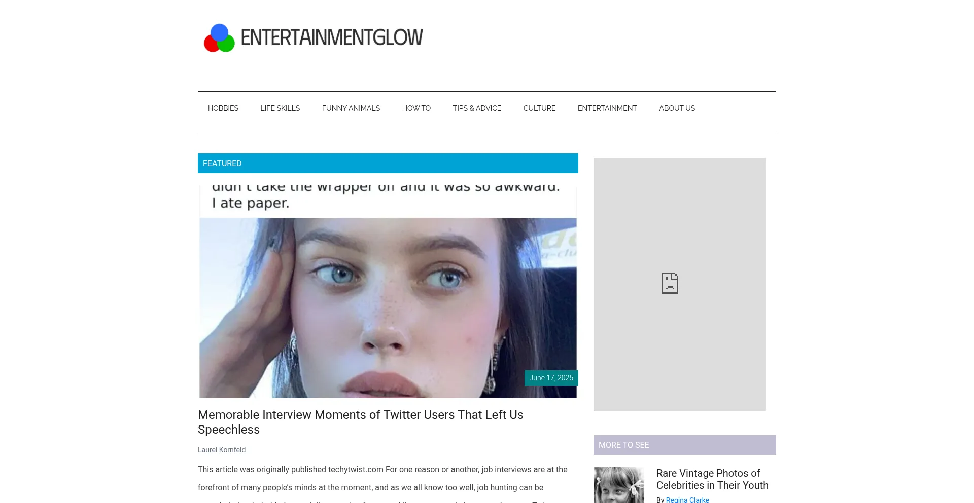 Website screenshot of Entertainmentglow.com