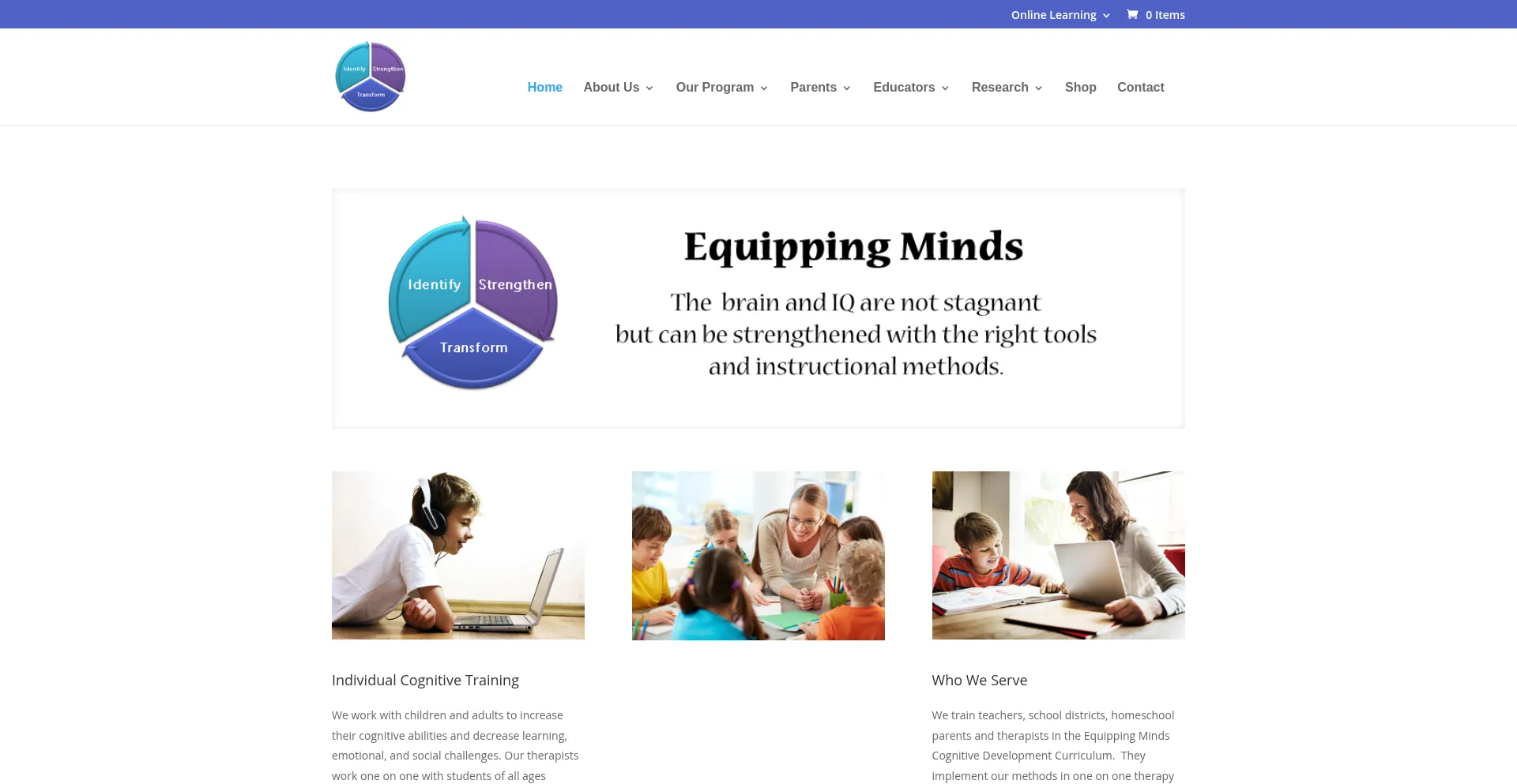 Website screenshot of Equippingminds.com