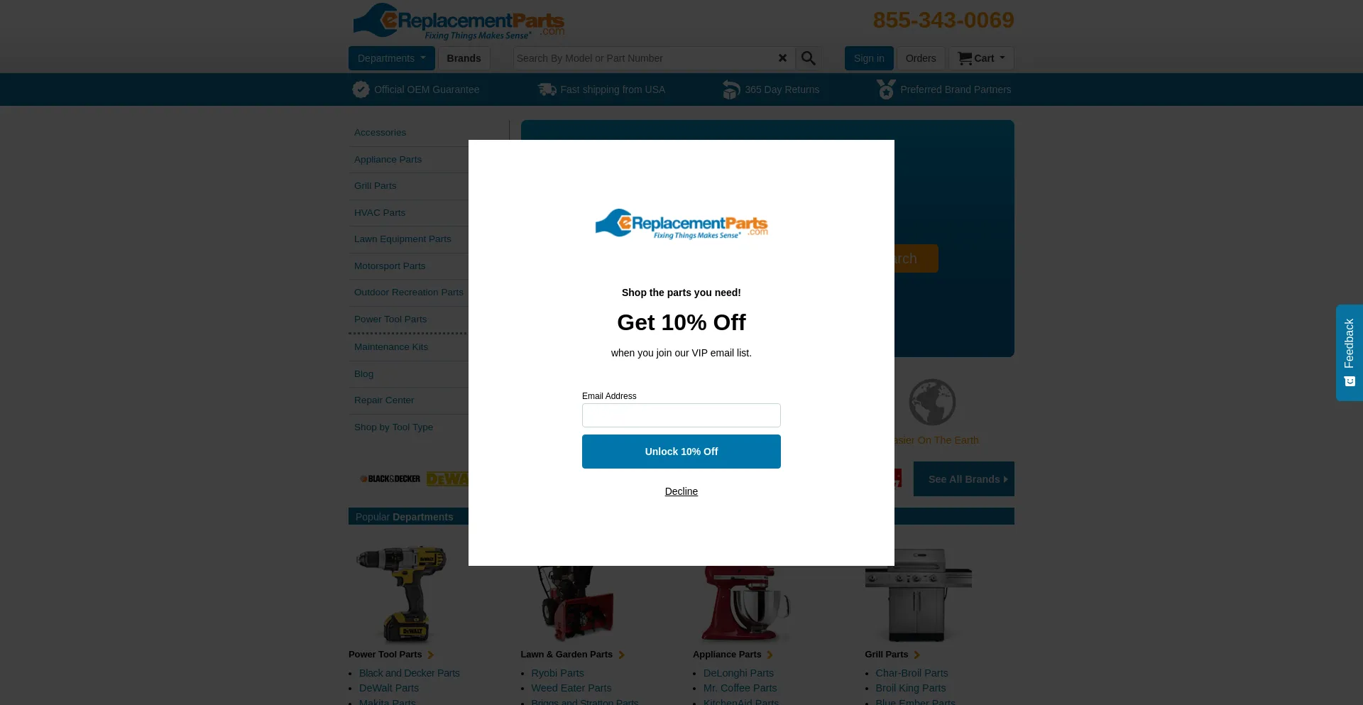 Website screenshot of Ereplacementparts.com