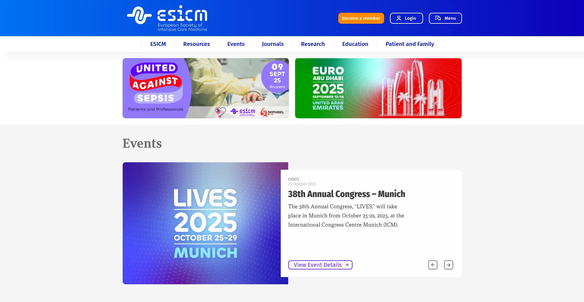 Website screenshot of Esicm.org