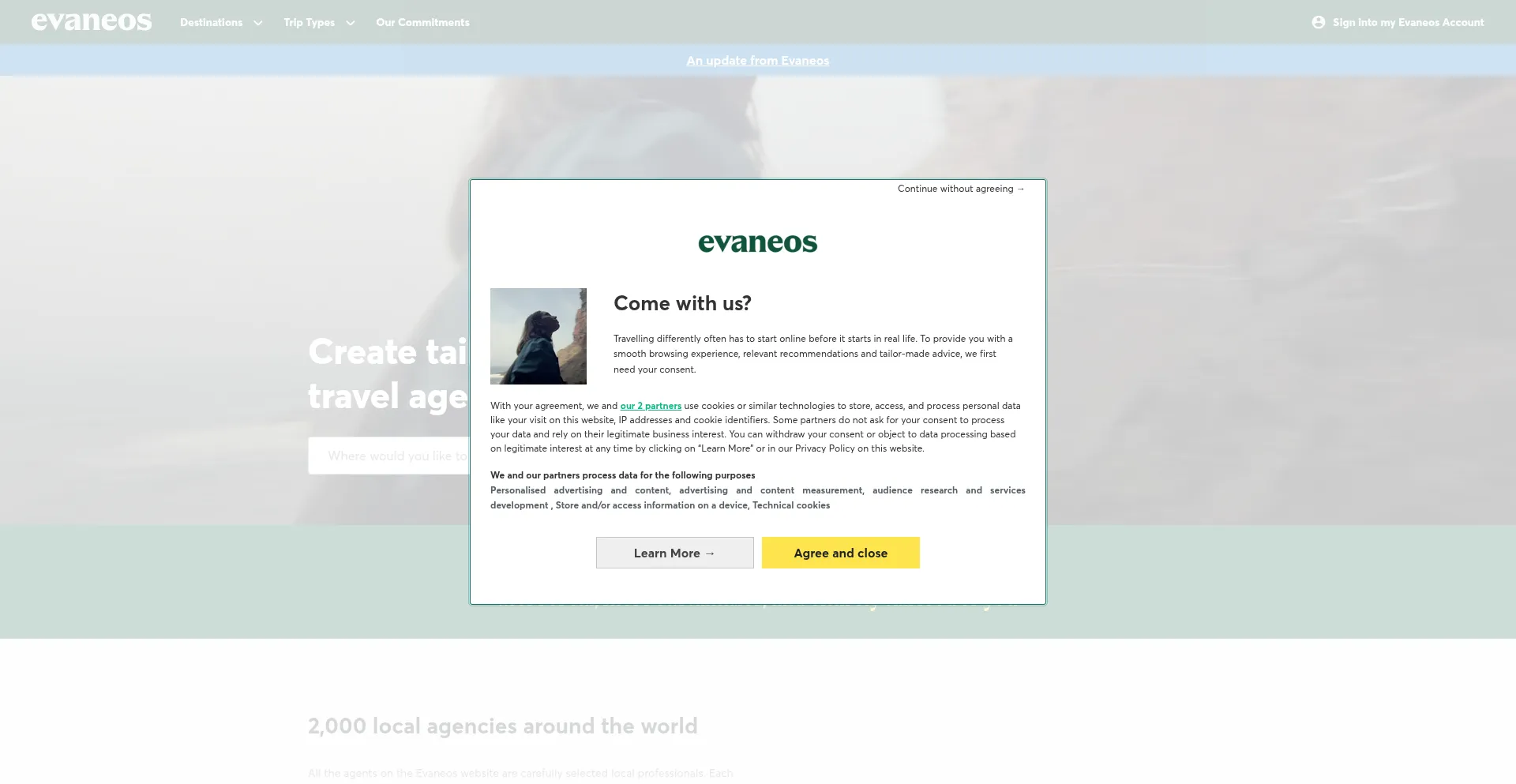 Website screenshot of Evaneos.com