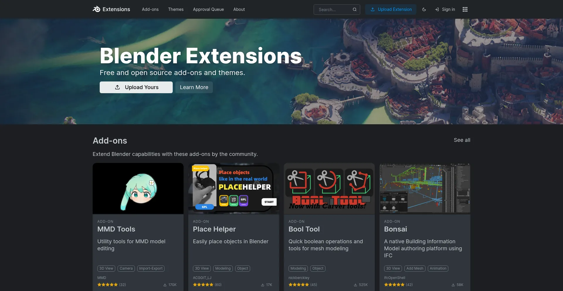 Website screenshot of Extensions.blender.org
