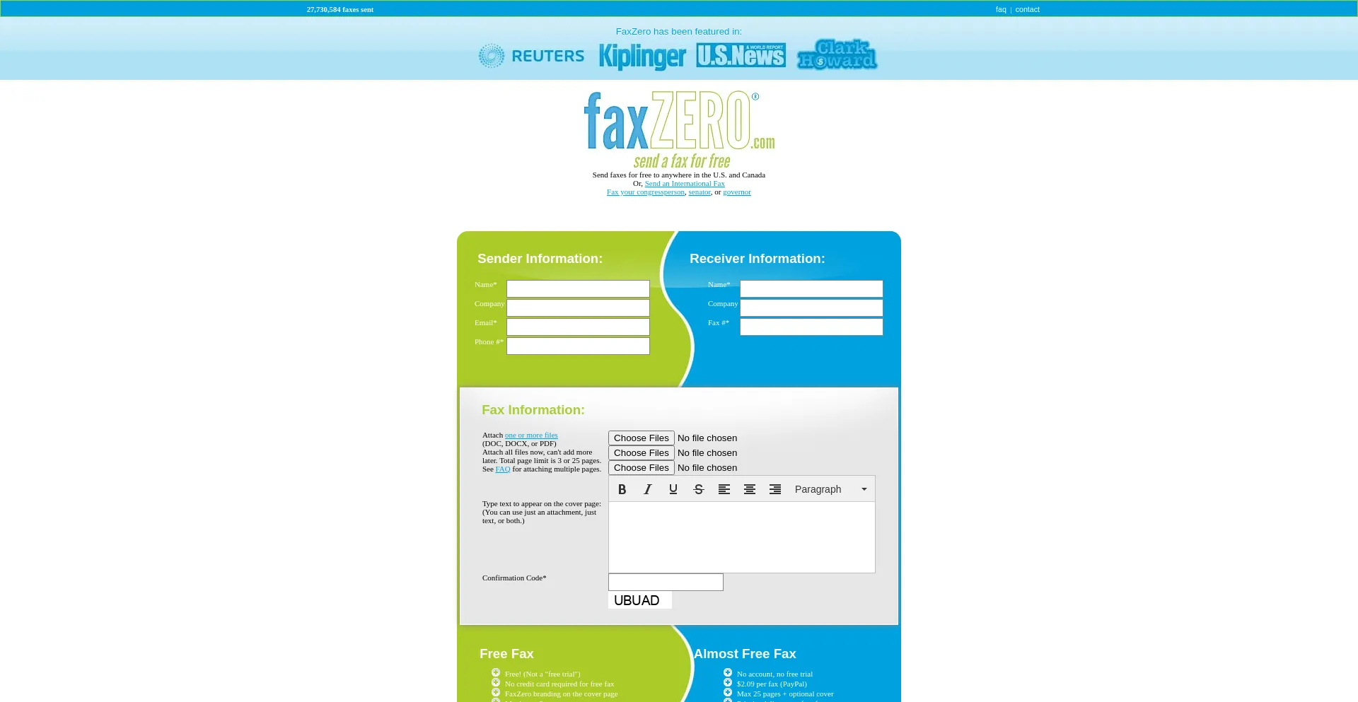 Website screenshot of Faxzero.com