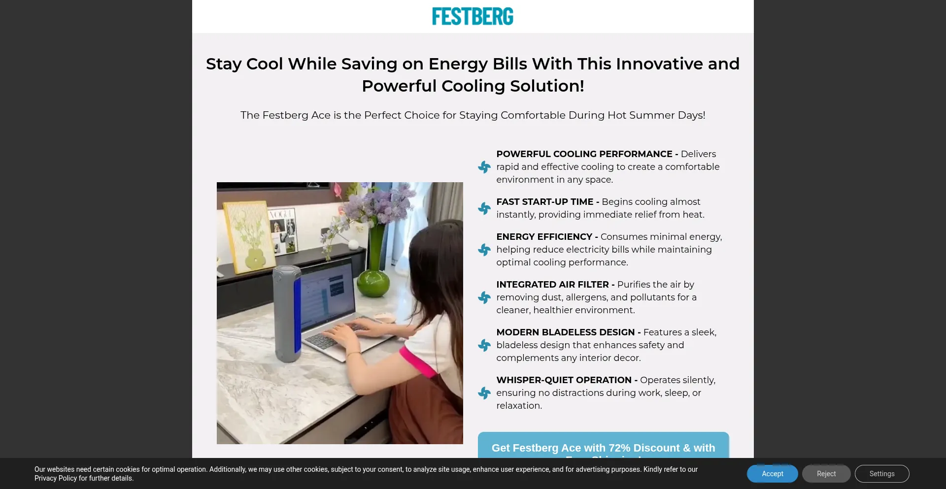 Website screenshot of Festbergcoolingace.store