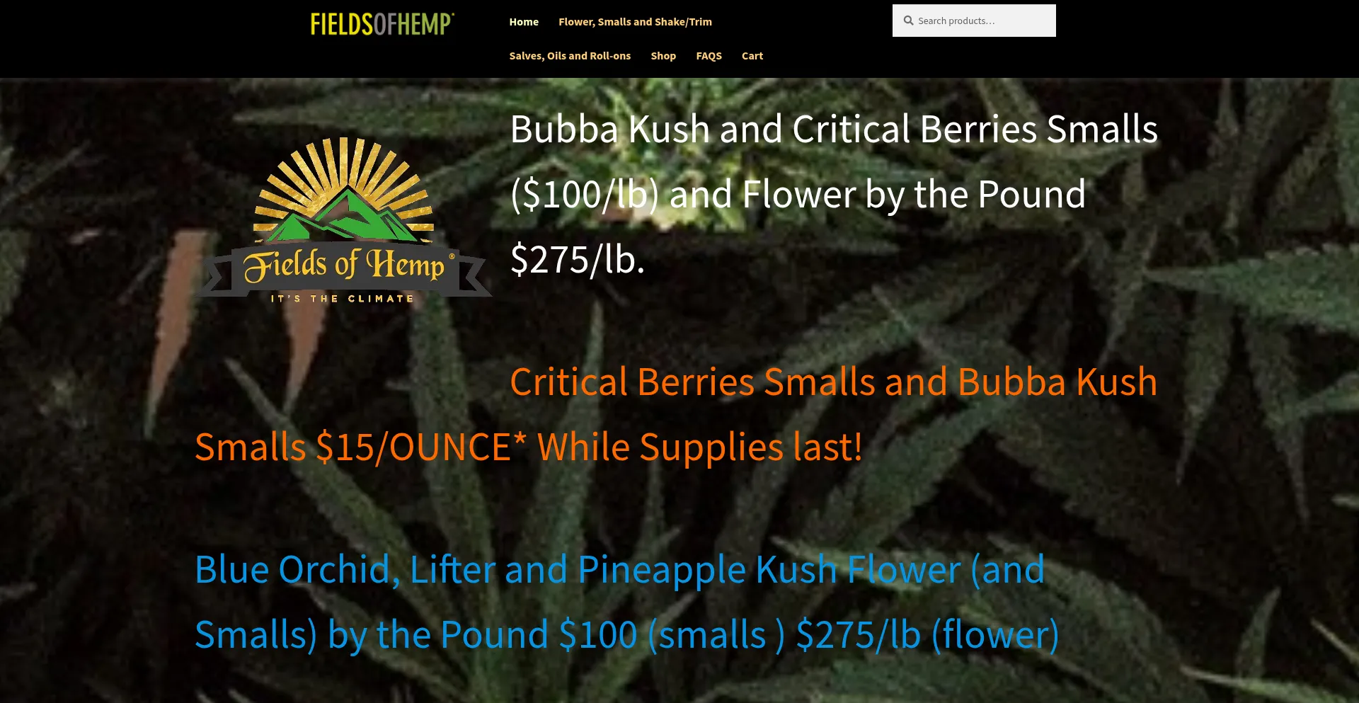 Website screenshot of Fieldsofhempllc.com