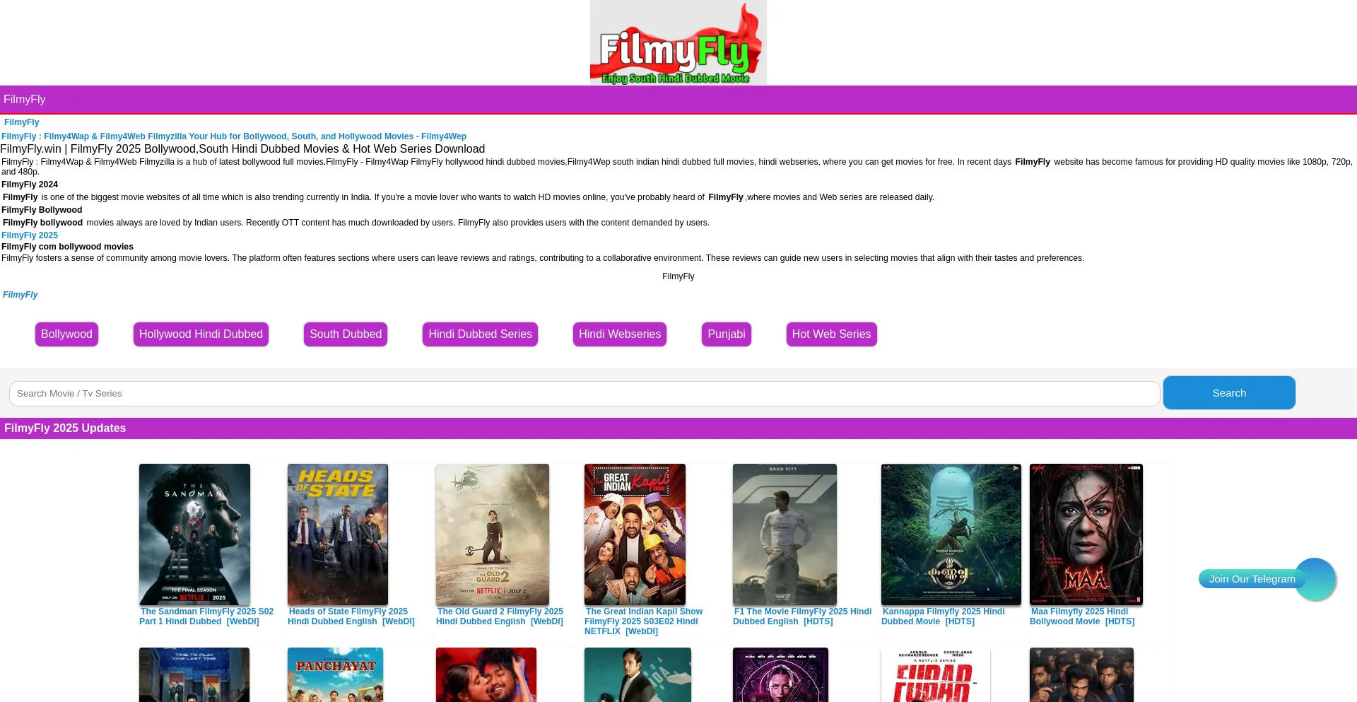 Website screenshot of Filmyfly.cv