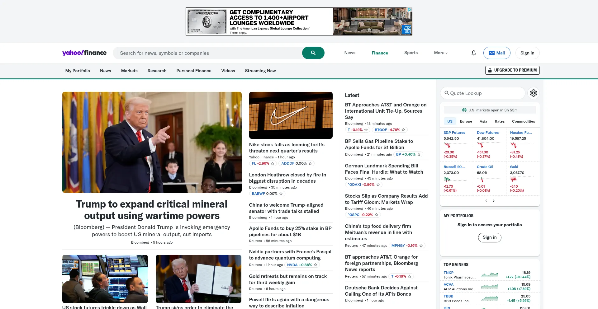 Website screenshot of Finance.yahoo.com