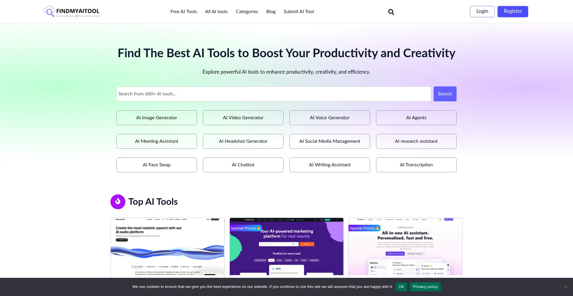 Website screenshot of Findmyaitool.io