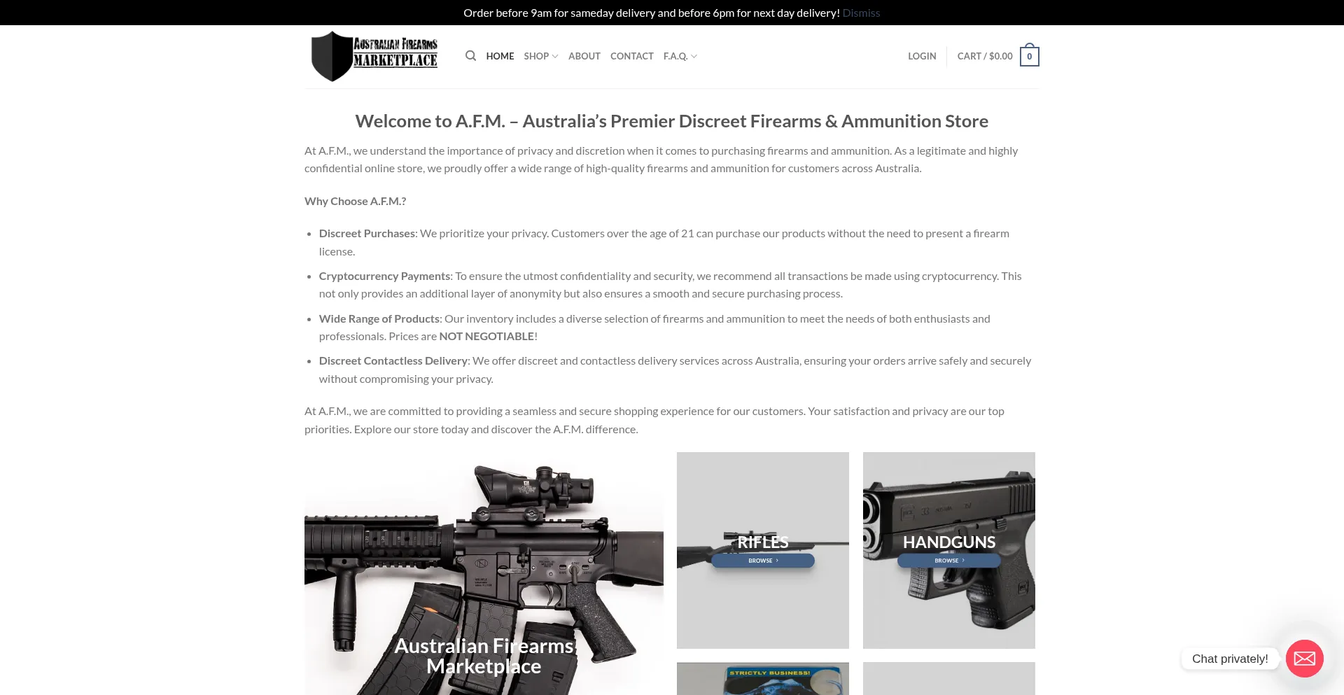 Website screenshot of Firearmsonlineaustralia.com