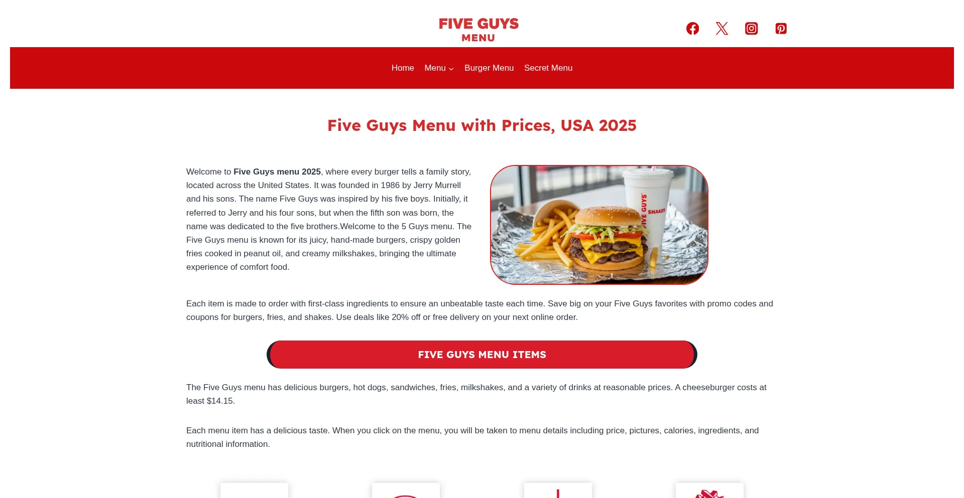 Website screenshot of Fiveguysmenus.us
