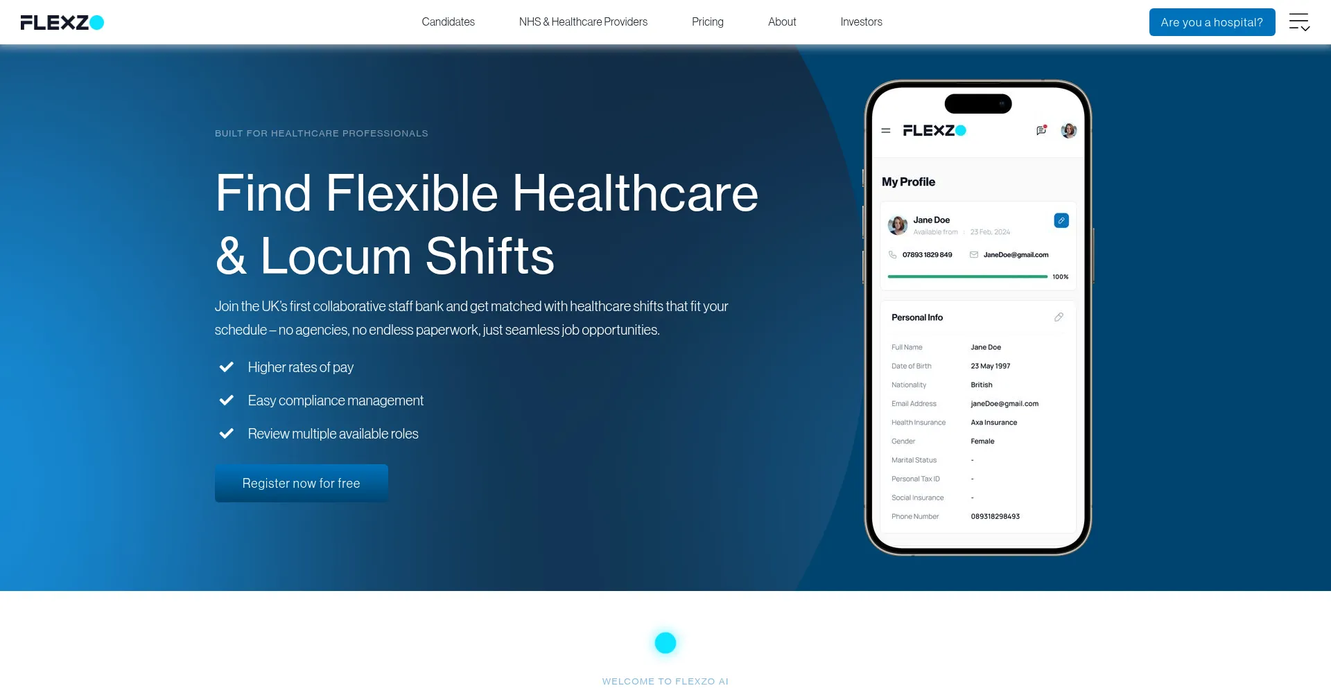 Website screenshot of Flexzo.ai