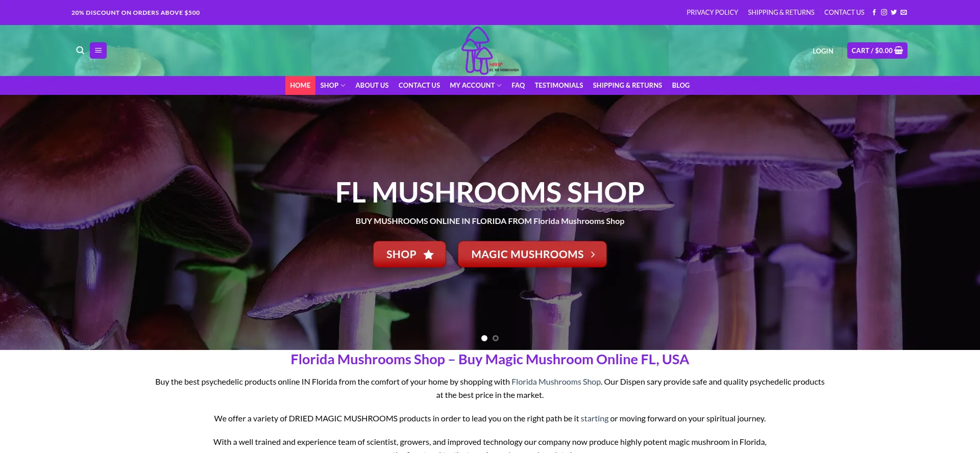 Website screenshot of Flmushroomsshop.com