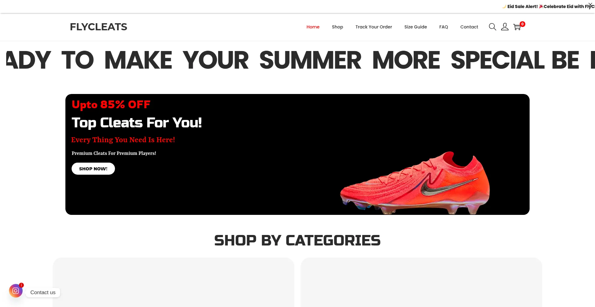 Website screenshot of Flycleats.com
