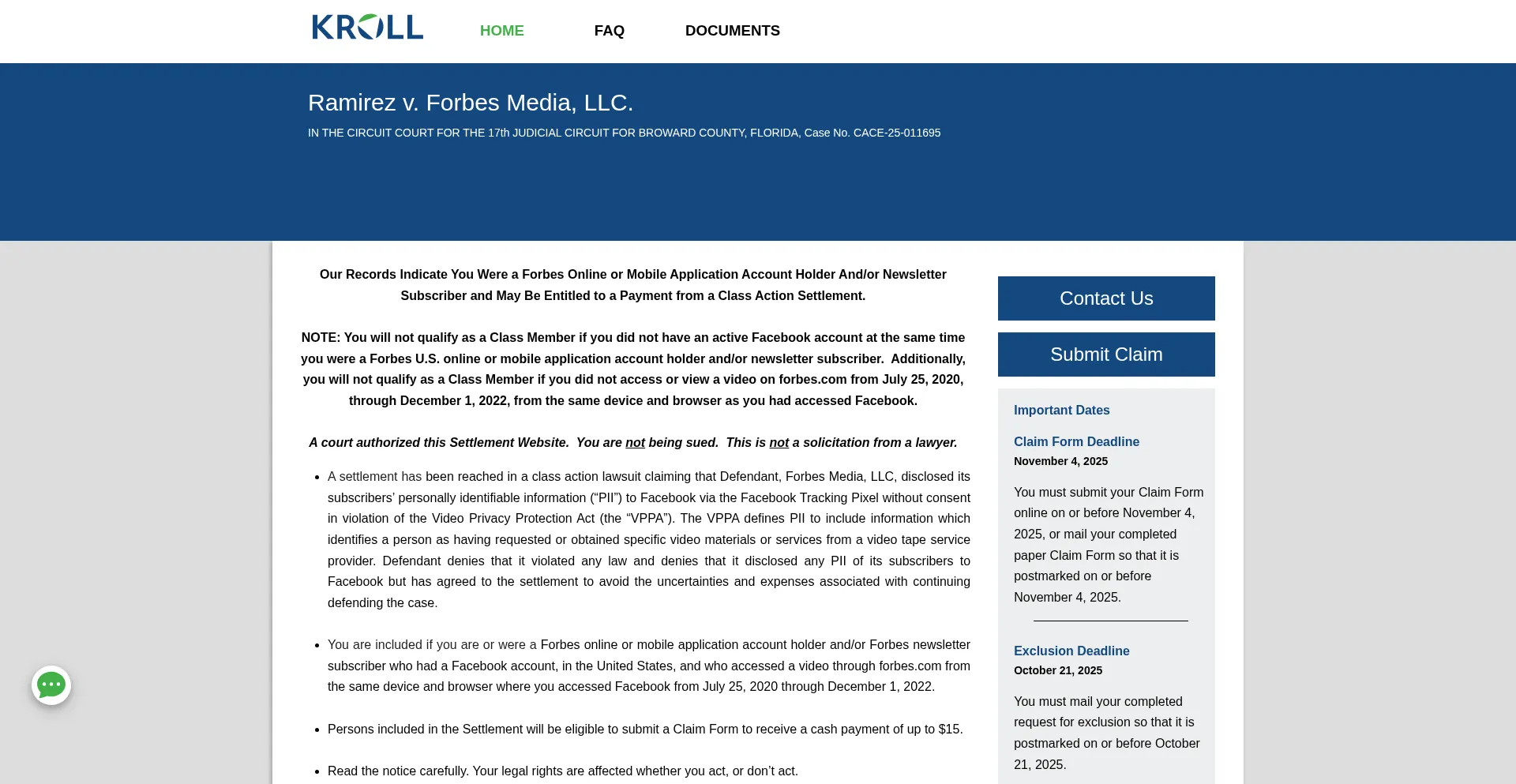 Website screenshot of Forbesvppasettlement.com