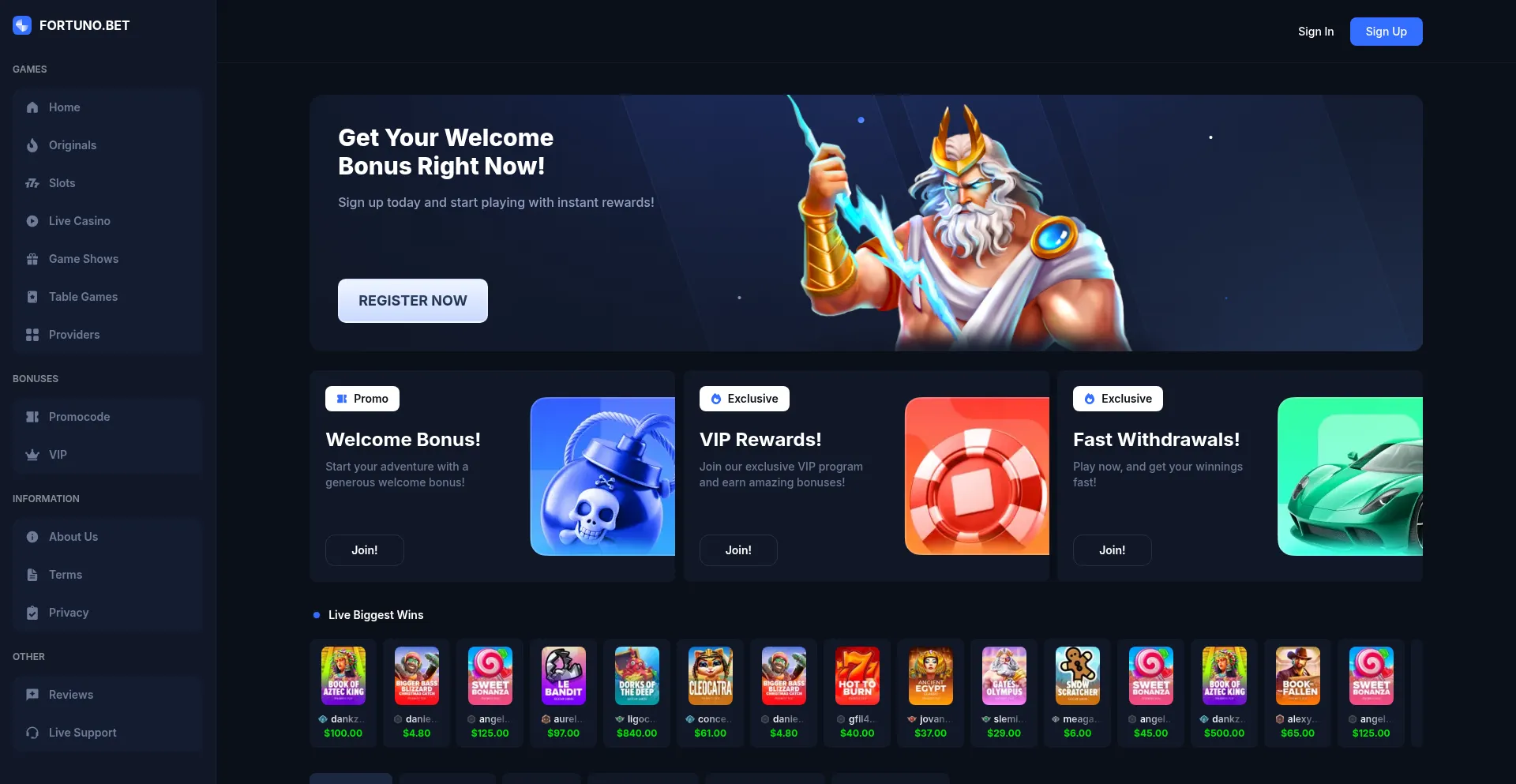 Website screenshot of Fortuno.bet
