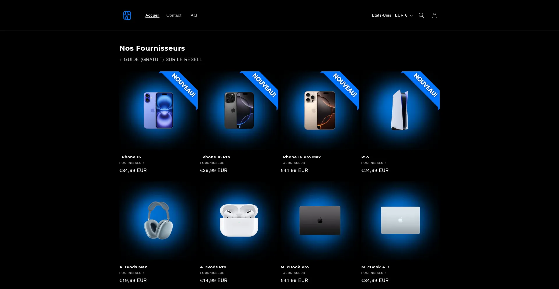 Website screenshot of Fournisseurio.shop
