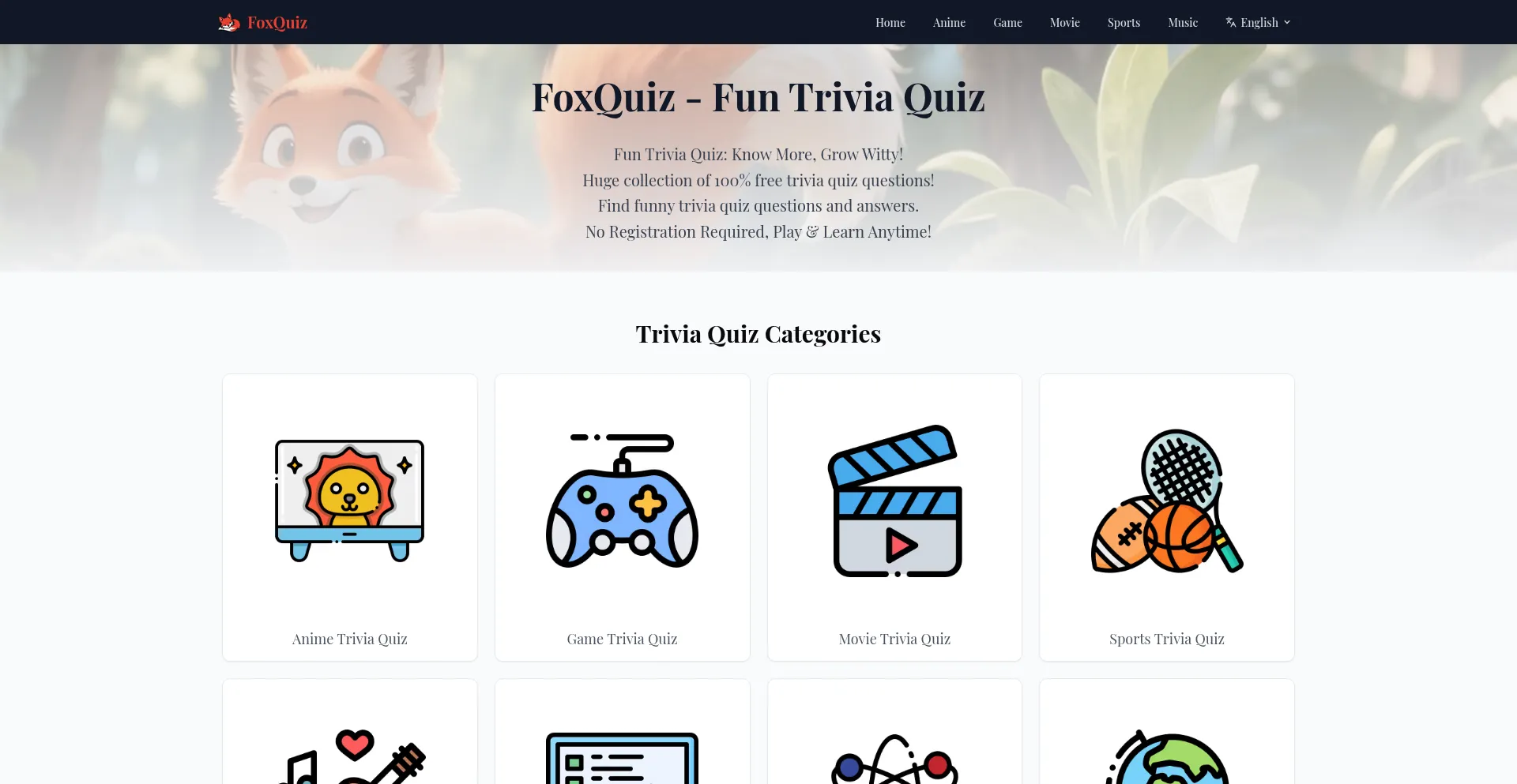 Website screenshot of Foxquiz.com