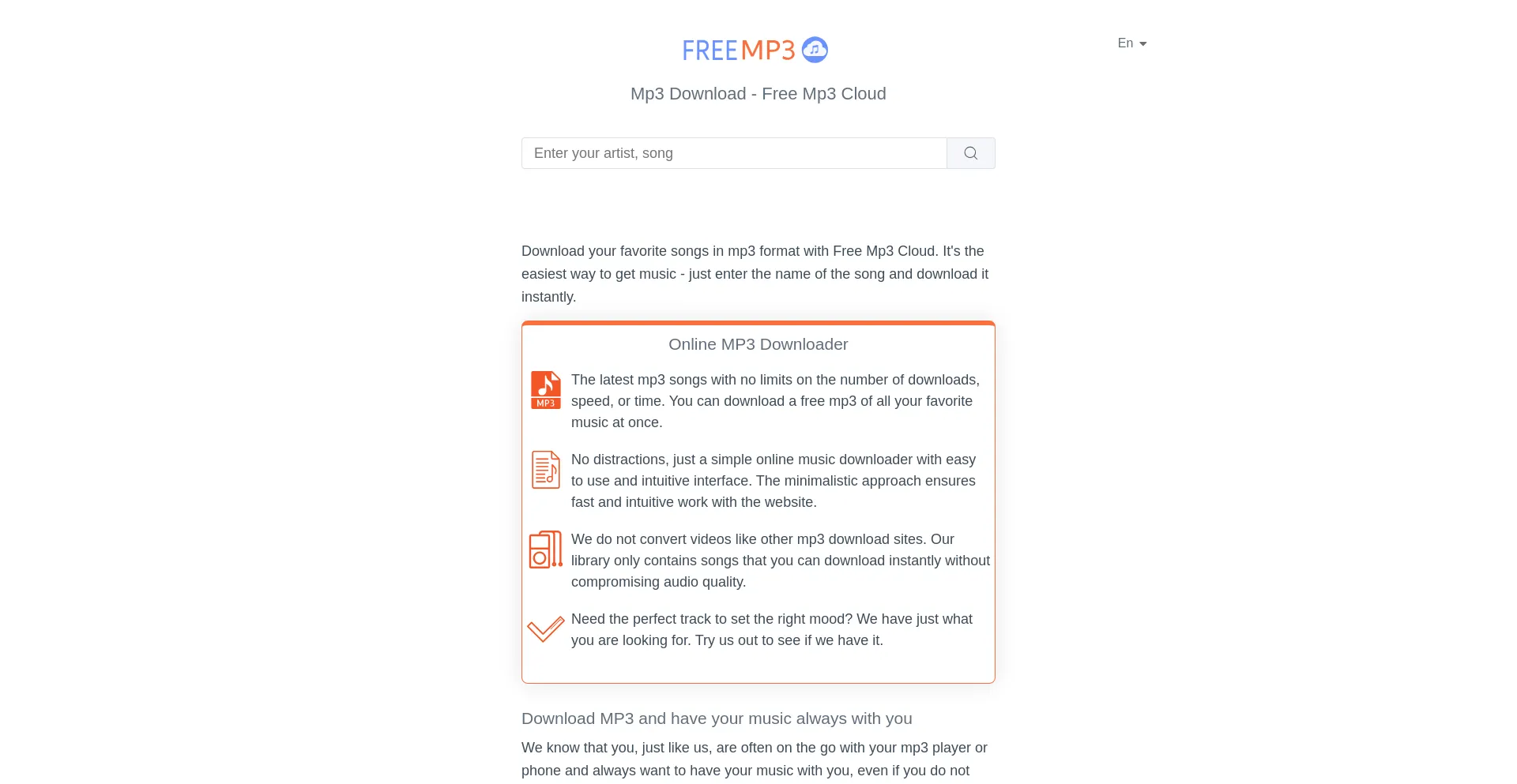 Website screenshot of Freemp3cloud.com
