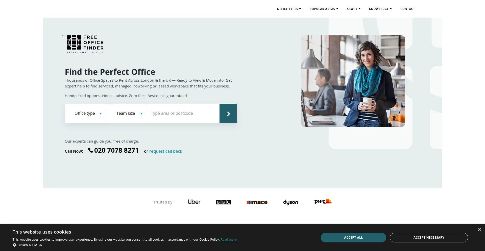 Website screenshot of Freeofficefinder.com