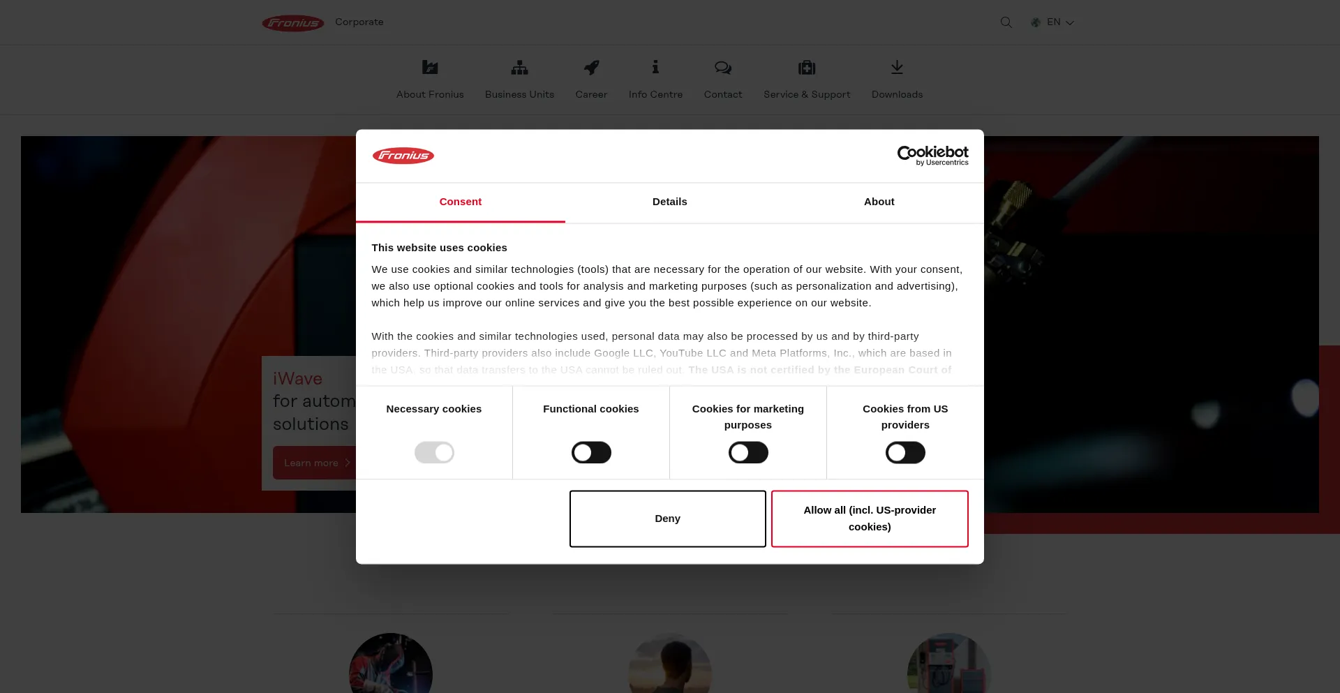 Website screenshot of Fronius.com