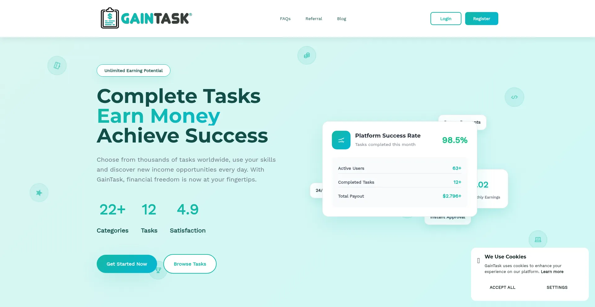 Website screenshot of Gaintask.com