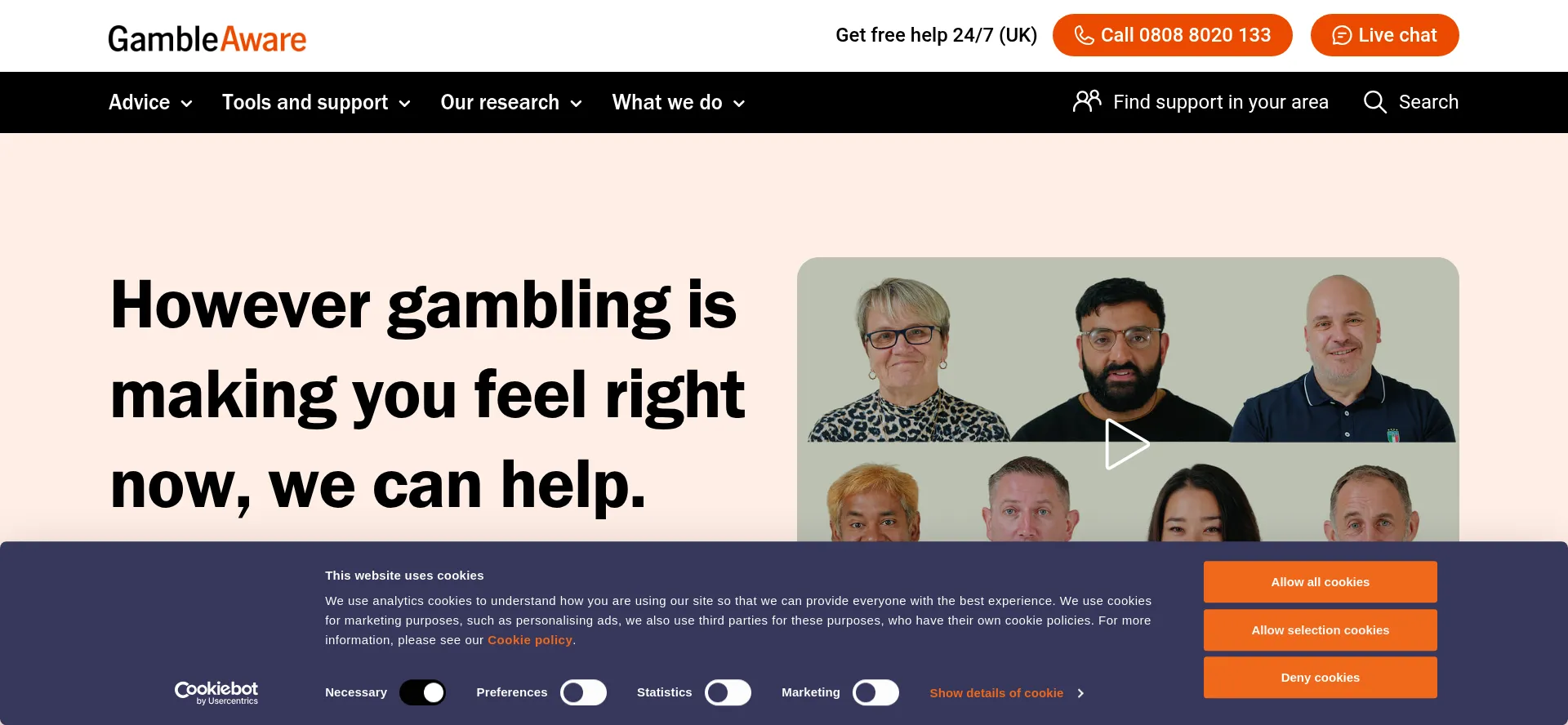 Website screenshot of Gambleaware.org