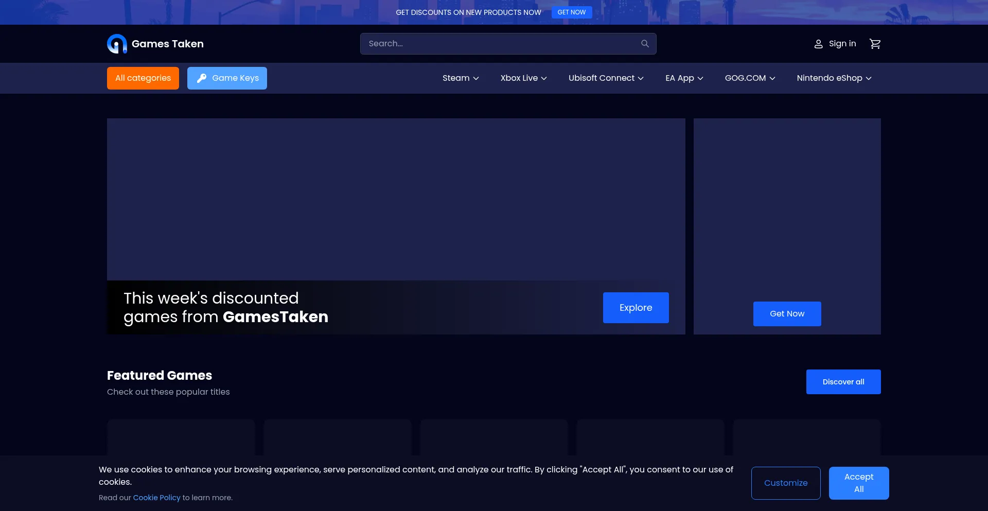 Website screenshot of Gamestaken.com