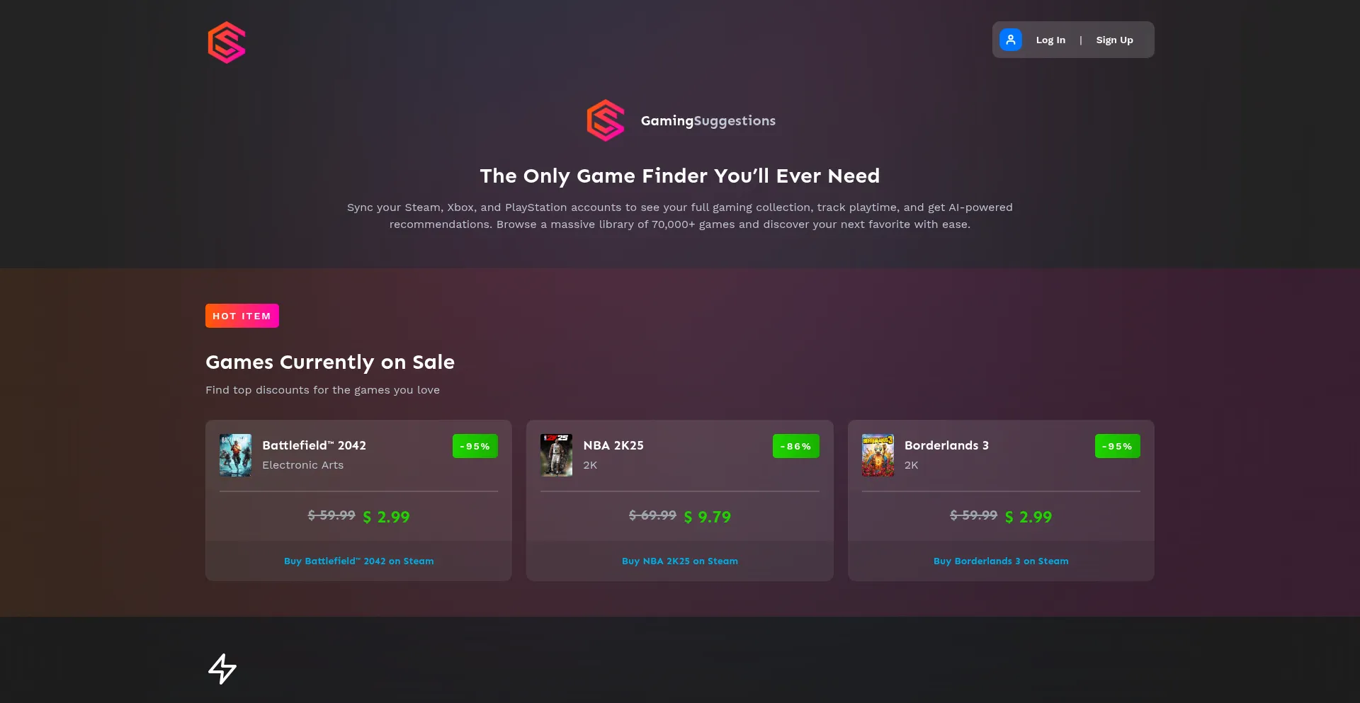 Website screenshot of Gamingsuggestions.com