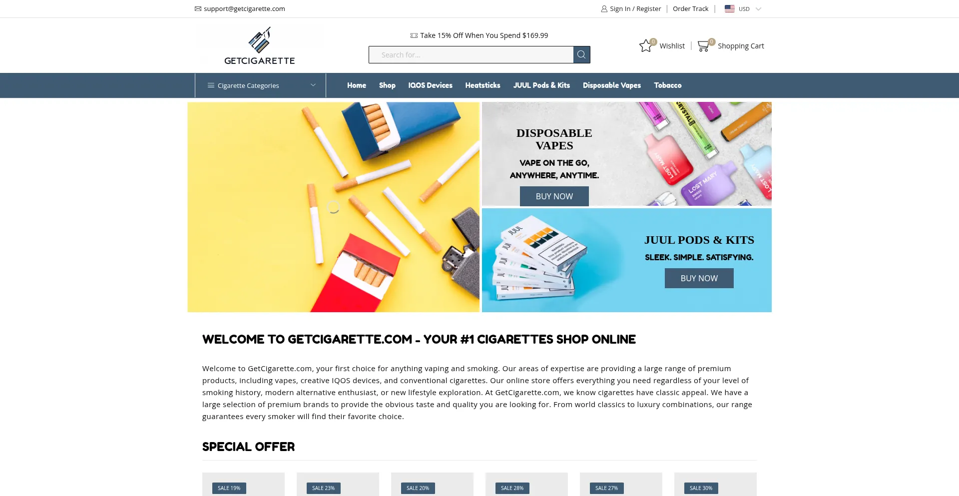Website screenshot of Getcigarette.com
