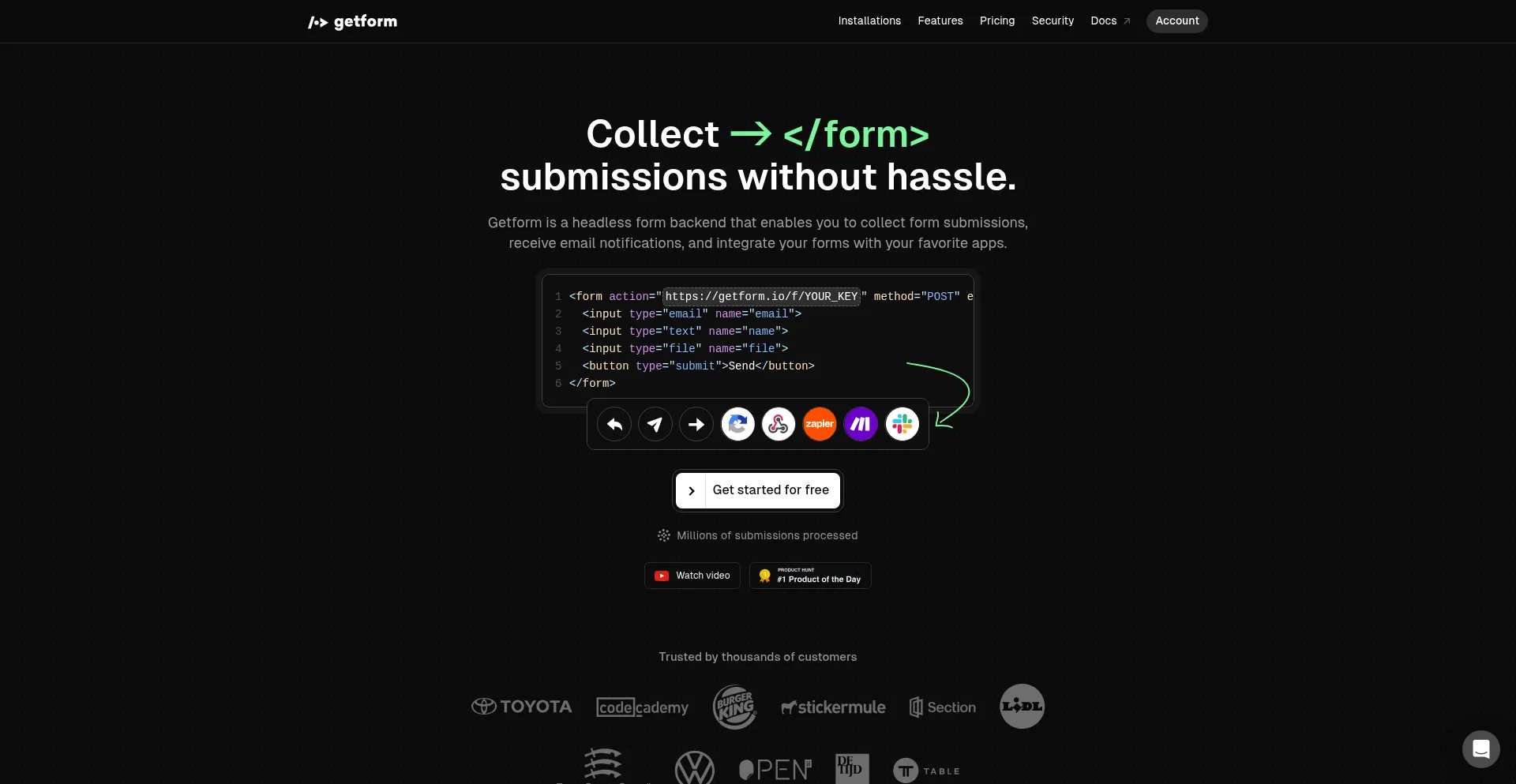 Website screenshot of Getform.io