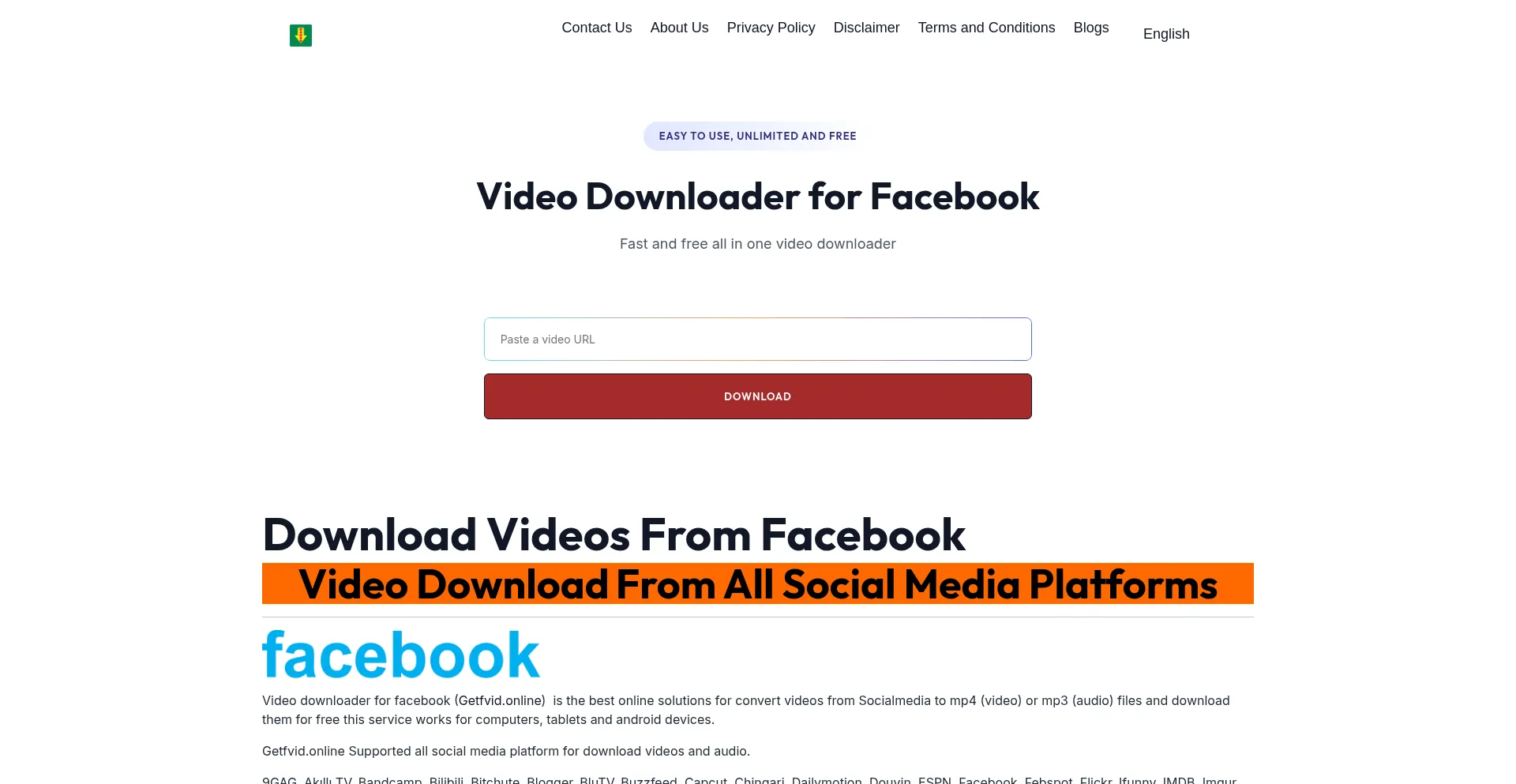 Website screenshot of Getfvid.online
