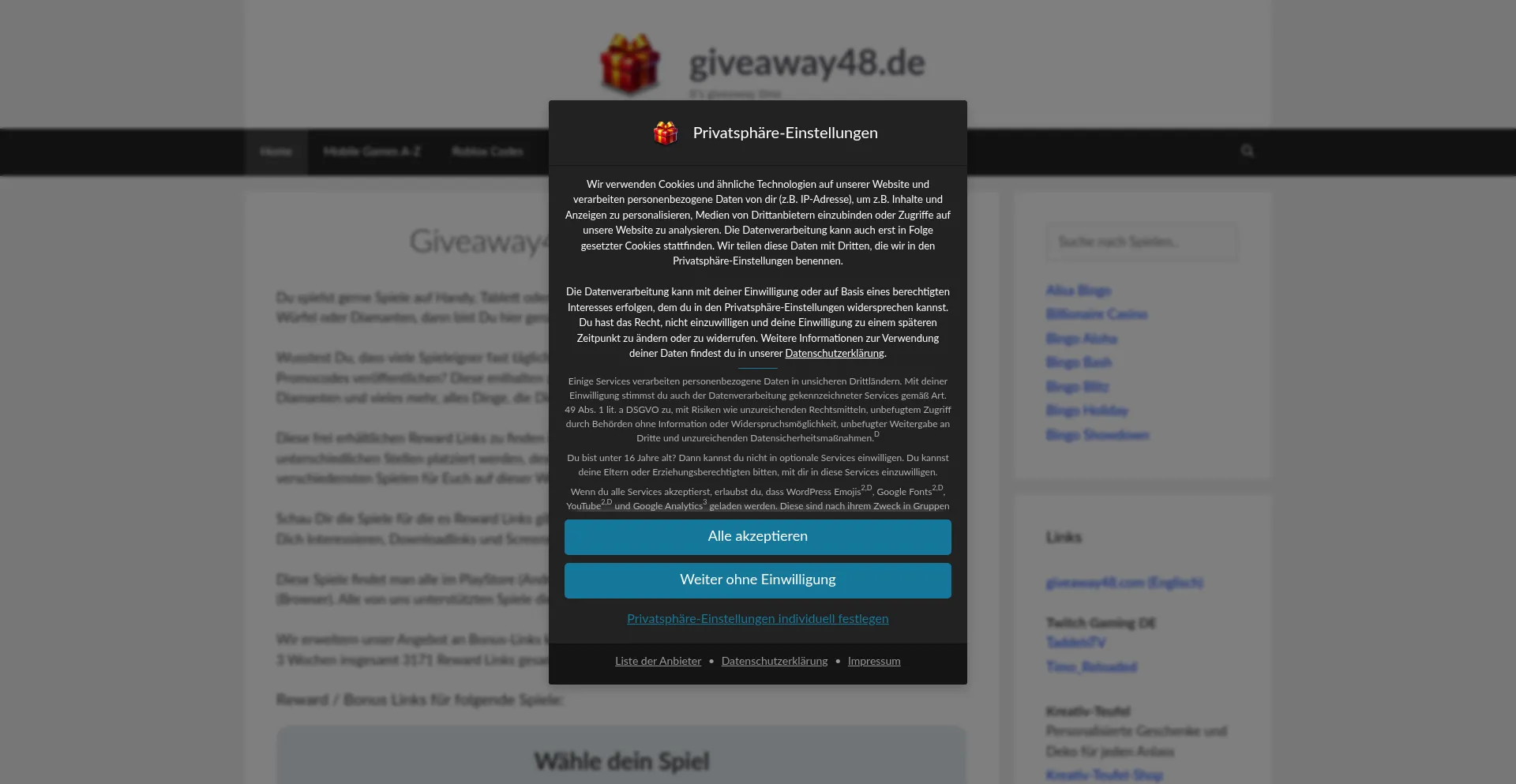Website screenshot of Giveaway48.de