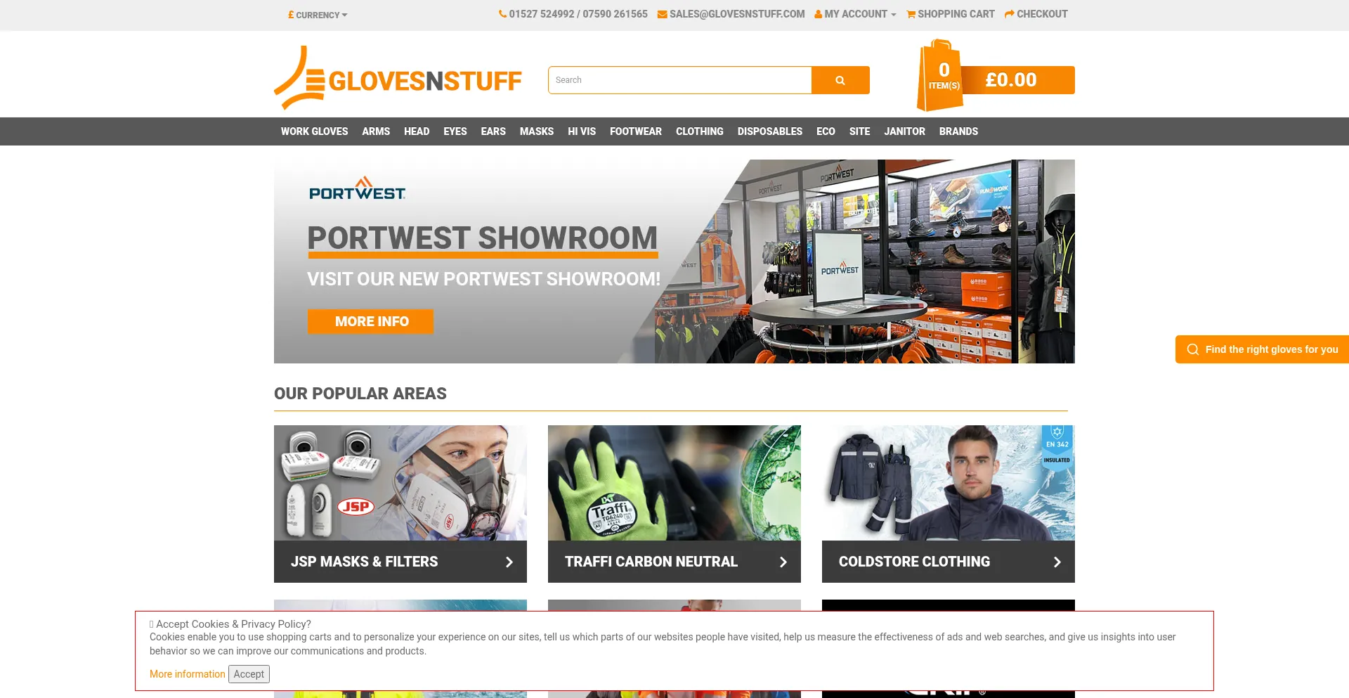 Website screenshot of Glovesnstuff.com